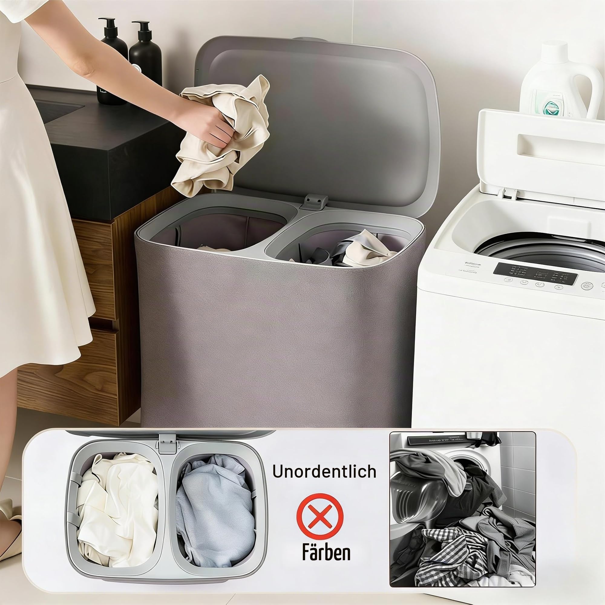 Wäschekorb, Wäschesammler Schmal 50l, Wäschekorb 2 Fächer mit Deckel, Laundry Baskets, WäScheköRbe mit Herausnehmbarer und Waschbarer Innentasche, Wäschetonne für Schmutzwäsche