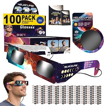 Helioclipse 12/25/50/100 Pack Solar Eclipse Glasses 2026 ISO 12312-2 Certified - Solar Eclipse Viewing Glasses UK - Approved Solar Glasses
