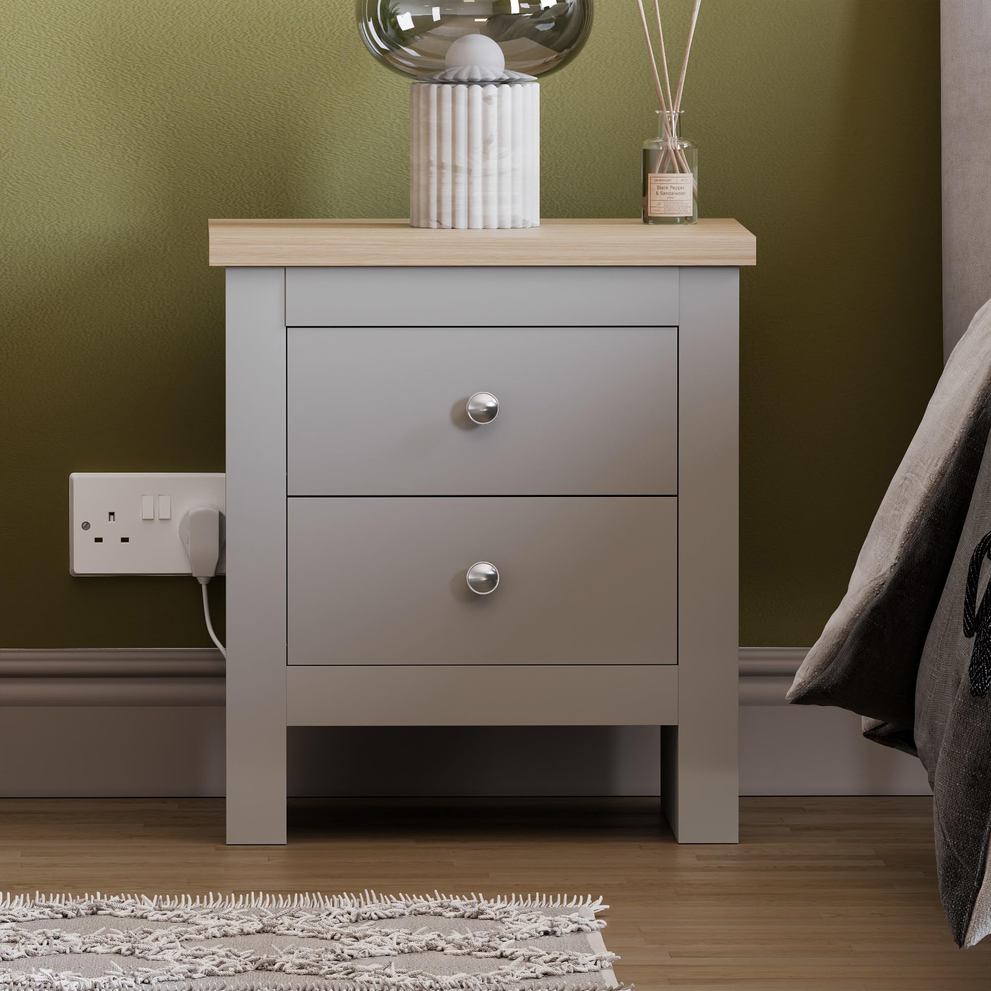 Vida Designs Comodino con 2 Cassetti Arlington, Legno Ingegnerizzato, Grigio e Quercia, H 51 x W 45 x D 40 cm