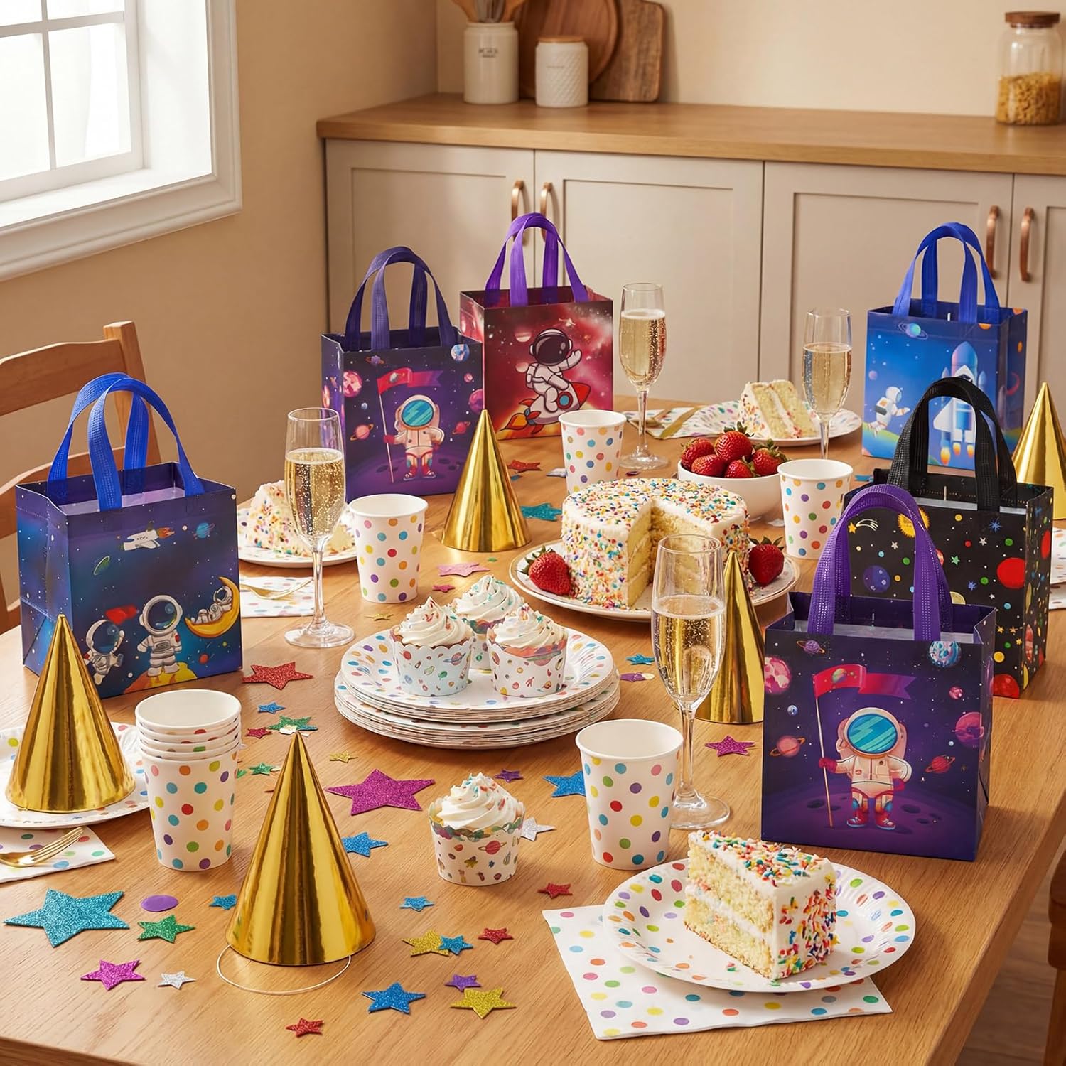 Kigeli 90 Pcs 6 Style Space Goodie Bags, Space Party Favors Large Non-woven Gifts Bags with Handles, Astronaut Planet Rocket Goodie Candy Tote for Baby Shower, Galaxy Theme Birthday Party Supplies