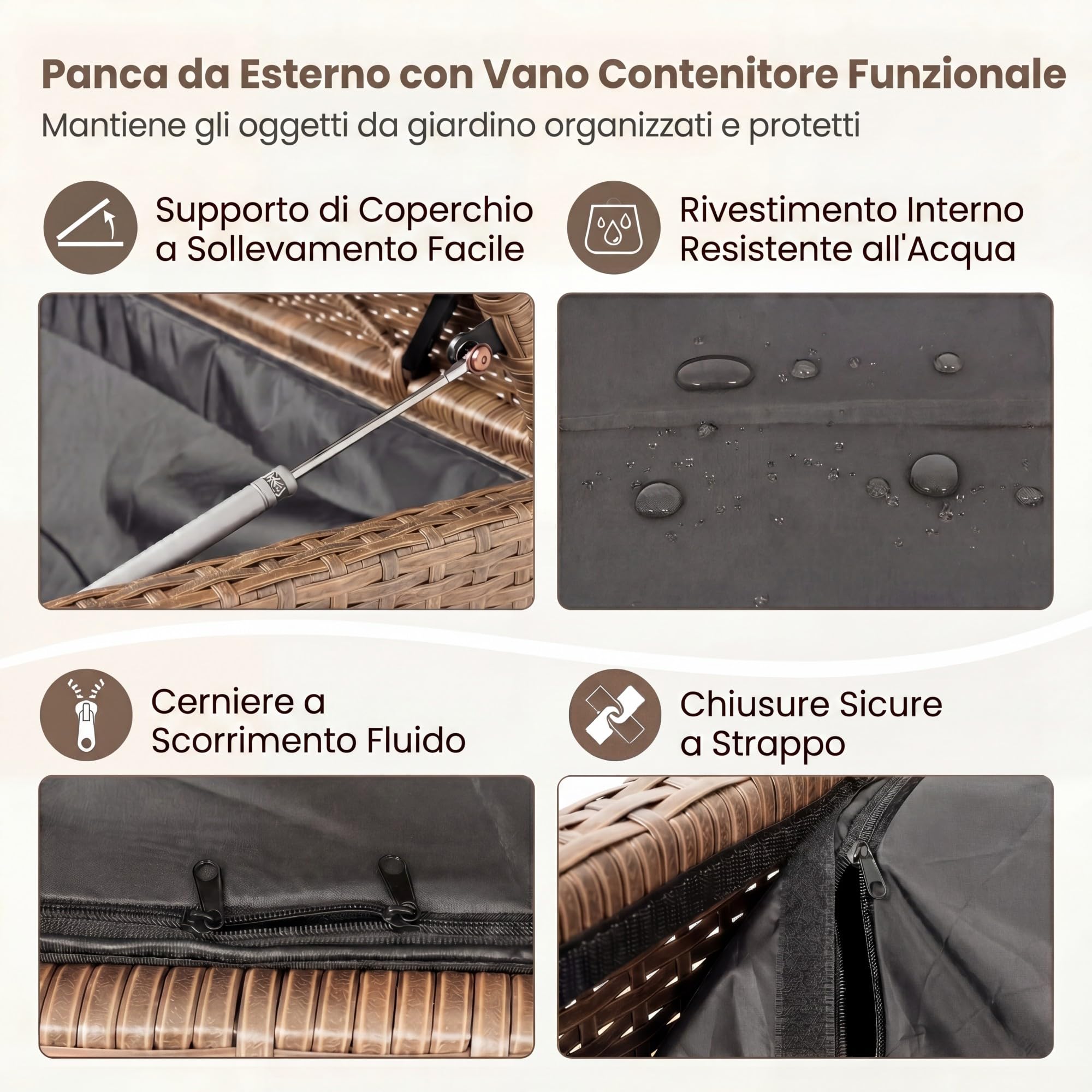 SOARS Panca da Giardino 2 Posti, Baule Contenitore Esterno 175 L in Vimini PE, con Cuscino Lavabile, Schienale e Braccioli in Legno di Acacia, Ammortizzatori a Gas, per Patio Balcone Piscina (Beige)