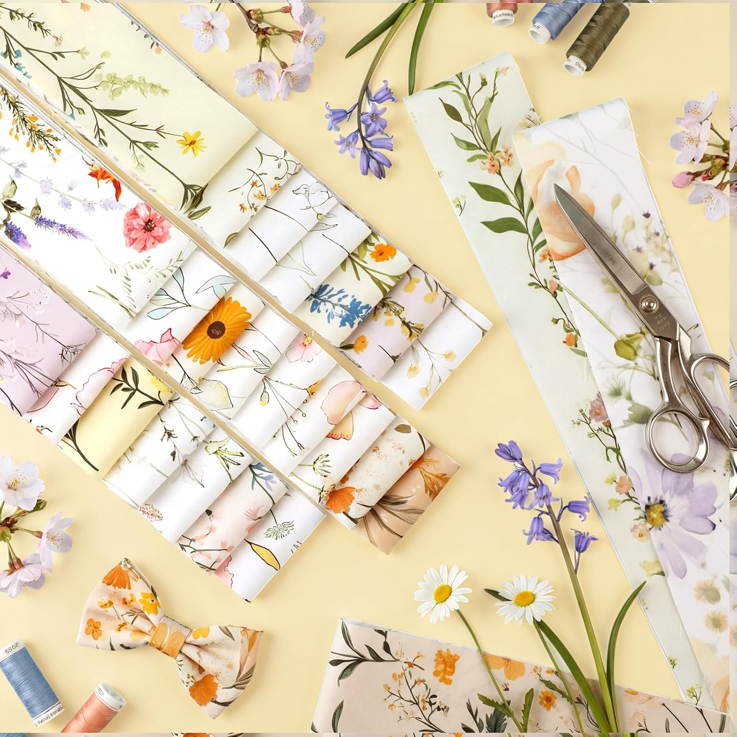 Hahafelt 60 Pcs Spring Floral Quilting Fabric 2.6 x 40" Cotton Fabric Strips Bundles Precut Patchwork for Craft Sewing(Vibrant)