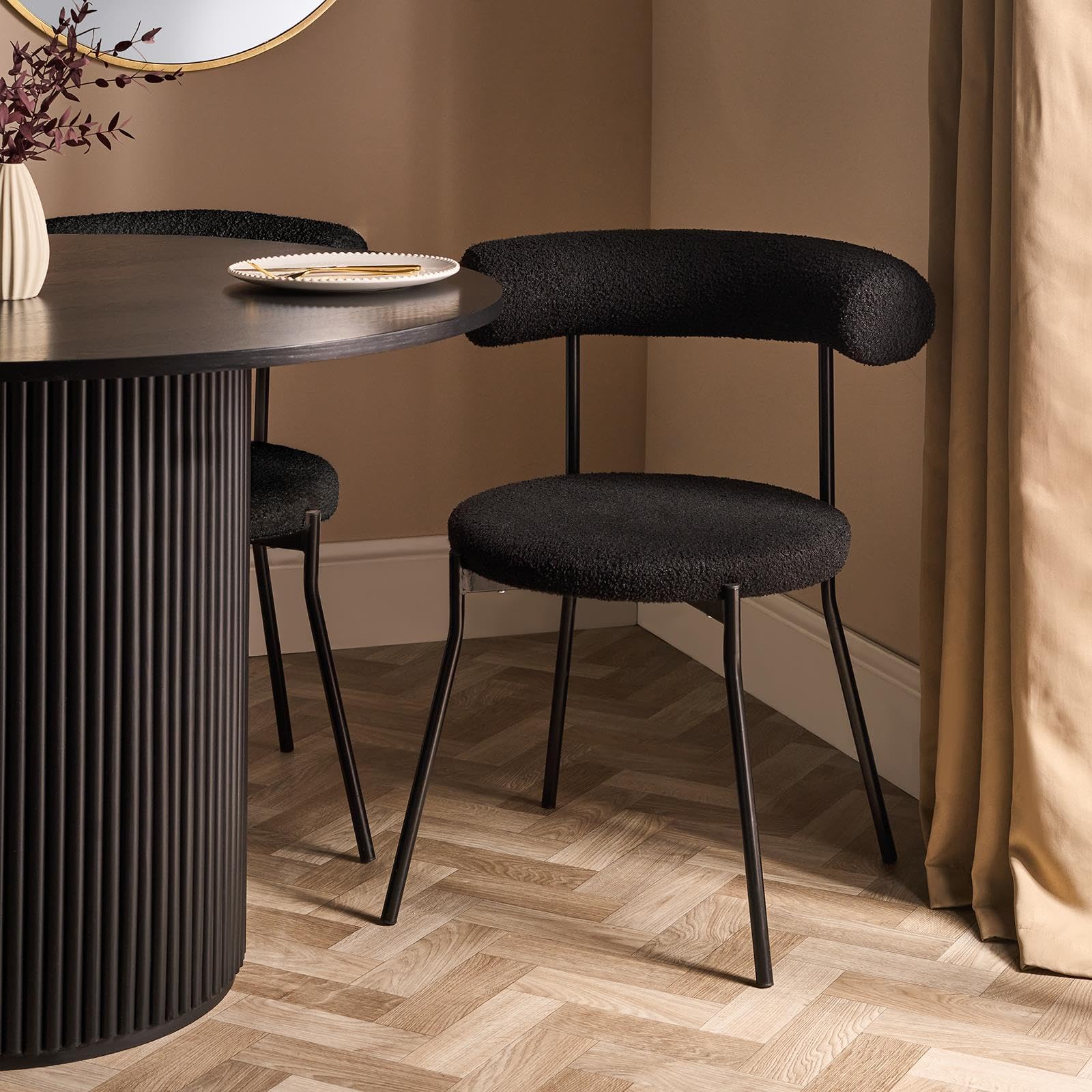 OHS Dining Chair with Solid Metal Legs, Modern Upholstered Boucle Chair with Padded Seat & Backrest Stylish Kitchen Chairs Soft Comfy Dining Chairs for Home Restaurant, Black