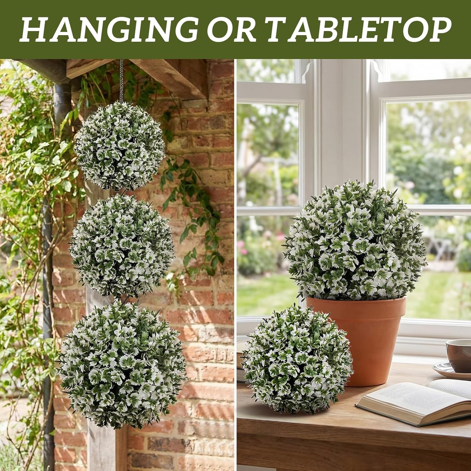 3 Pcs Artificial Boxwood Topiary Ball Set – Mixed Size, Hanging & Tabletop Removable White-Edged Faux Grass Balls, Lifelike Fake Plant Decor for Indoor Outdoor Garden Wedding Mantel Shelf