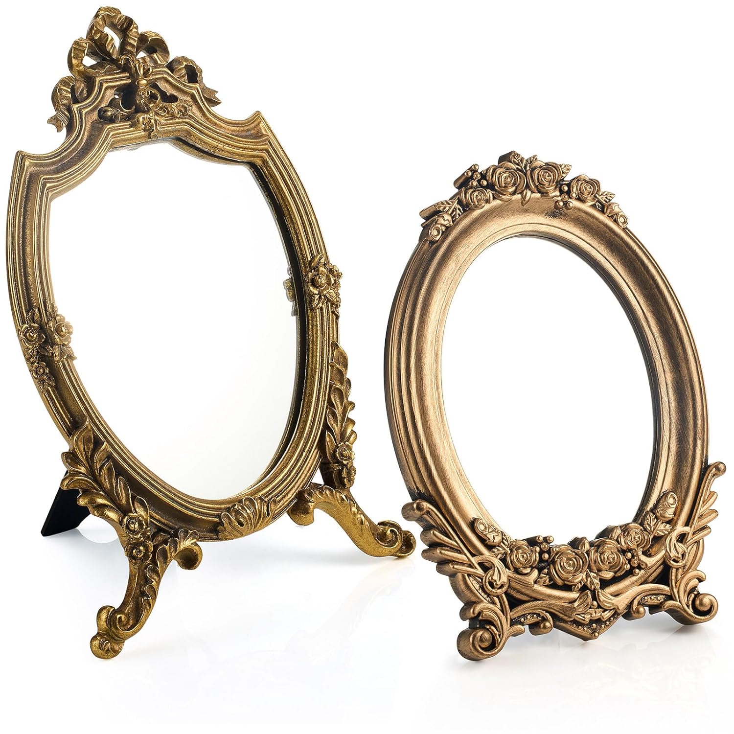 Threehoney 2PCS Retro Vanity Makeup Desk Mirror, Small Gold Antique Decorative