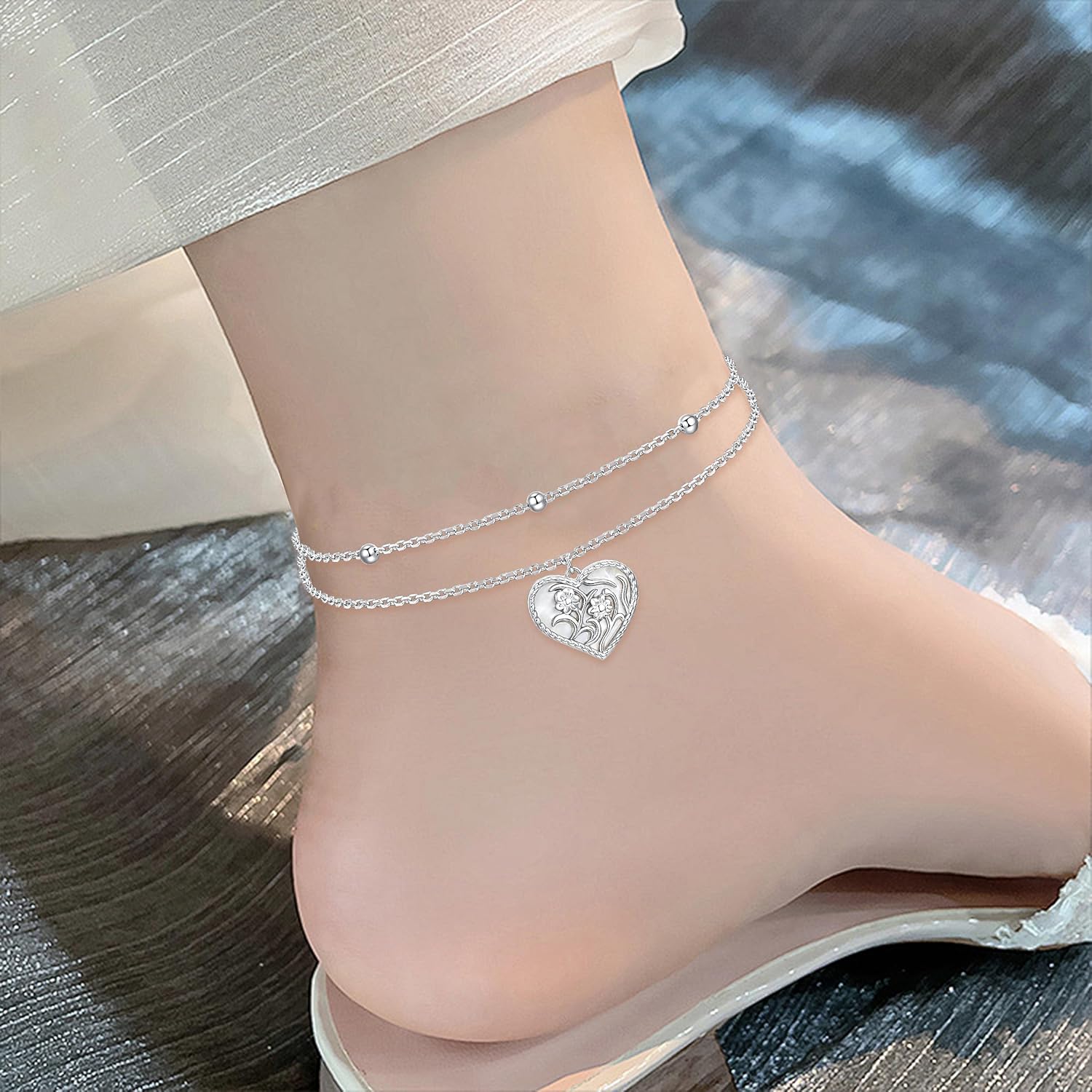 Ankle Bracelets for Women: 925 Sterling Silver Double Layer Anklet Adjustable Chain Dainty Foot Anklets Jewelry Gifts - Image 6