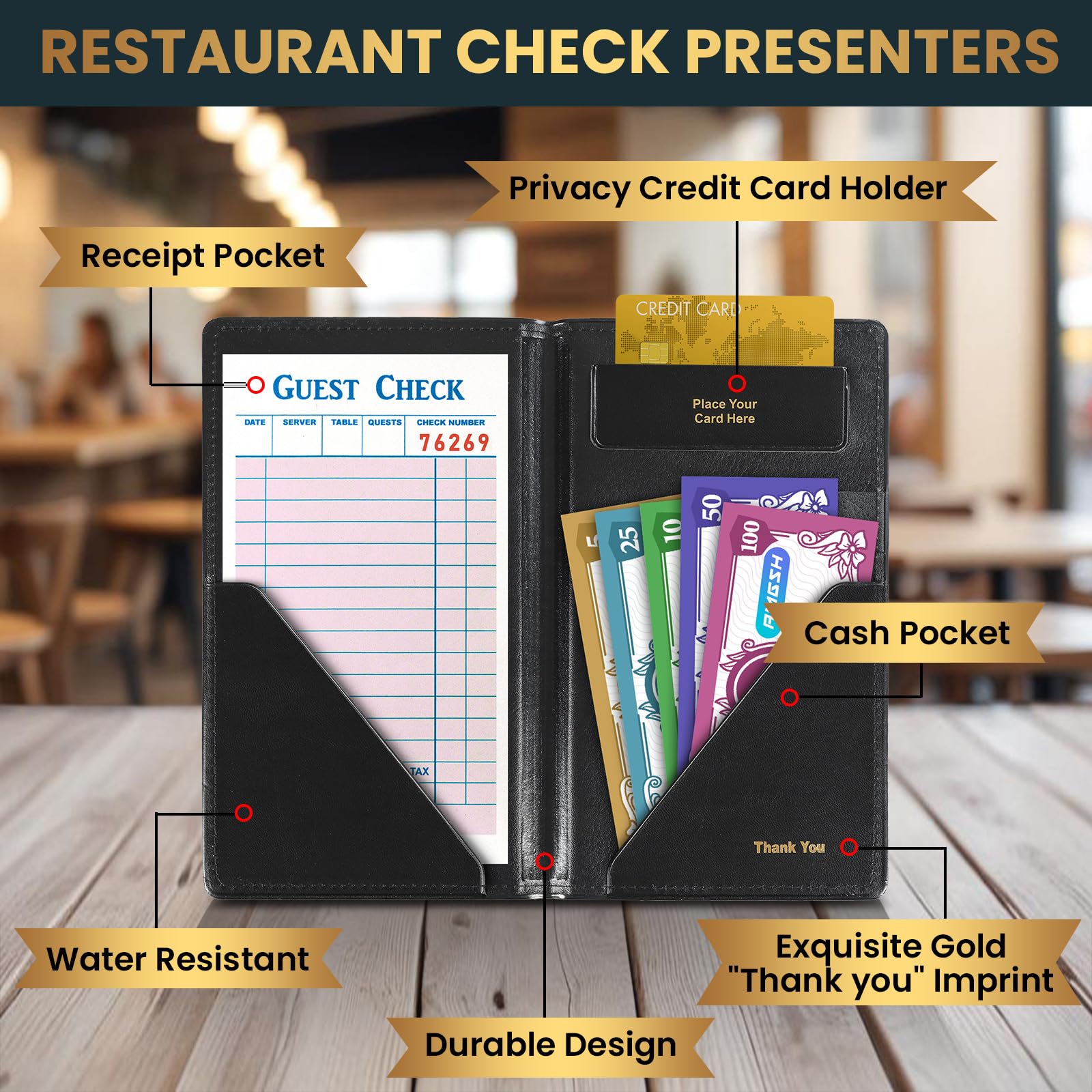 Presentadores de cheques de restaurante, presentadores de cheques de 9 x 5 pulgadas, soporte para tarjetas de invitados con impresión dorada de agradecimiento para restaurantes, restaurantes