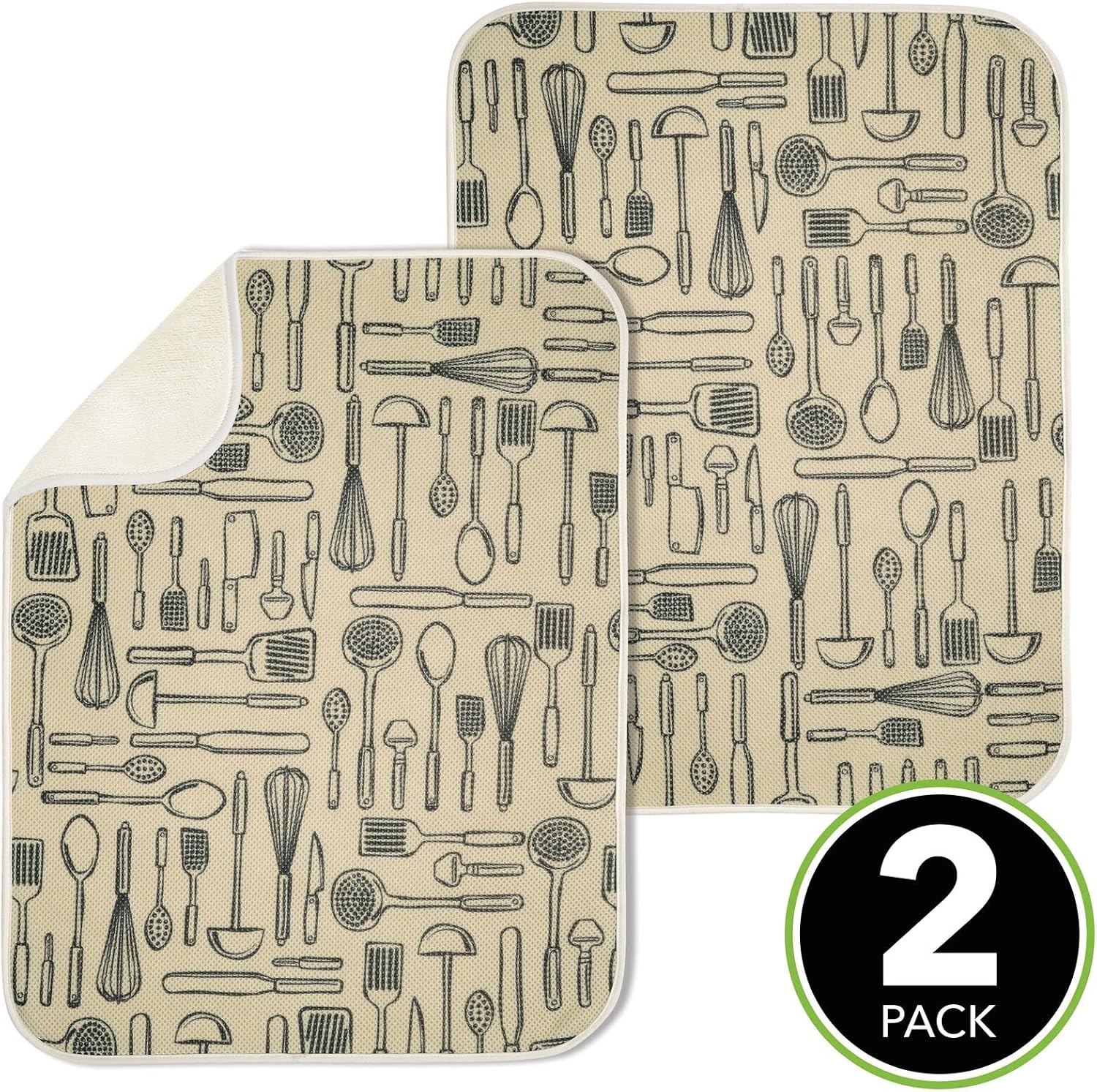 mDesign Ultra Absorbent Reversible Microfiber Dish Drying Mat and Protector for Kitchen Countertops, Sinks - Folds for Compact Storage, X-Large - Utensil Print - 2 Pack - Wheat/Ivory