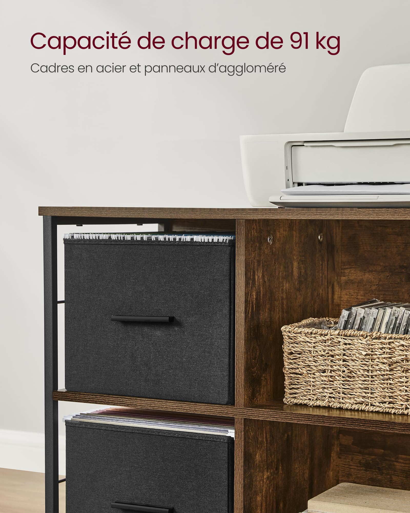 VASAGLE Caisson Bureau, Support pour Imprimante, Mobile, 2 Tiroirs en Tissu, Montage Facile, Étagères Ouvertes, pour Format A4, Dossiers Suspendus, Bureau, Marron Rustique et Noir d'encre OFC057B01