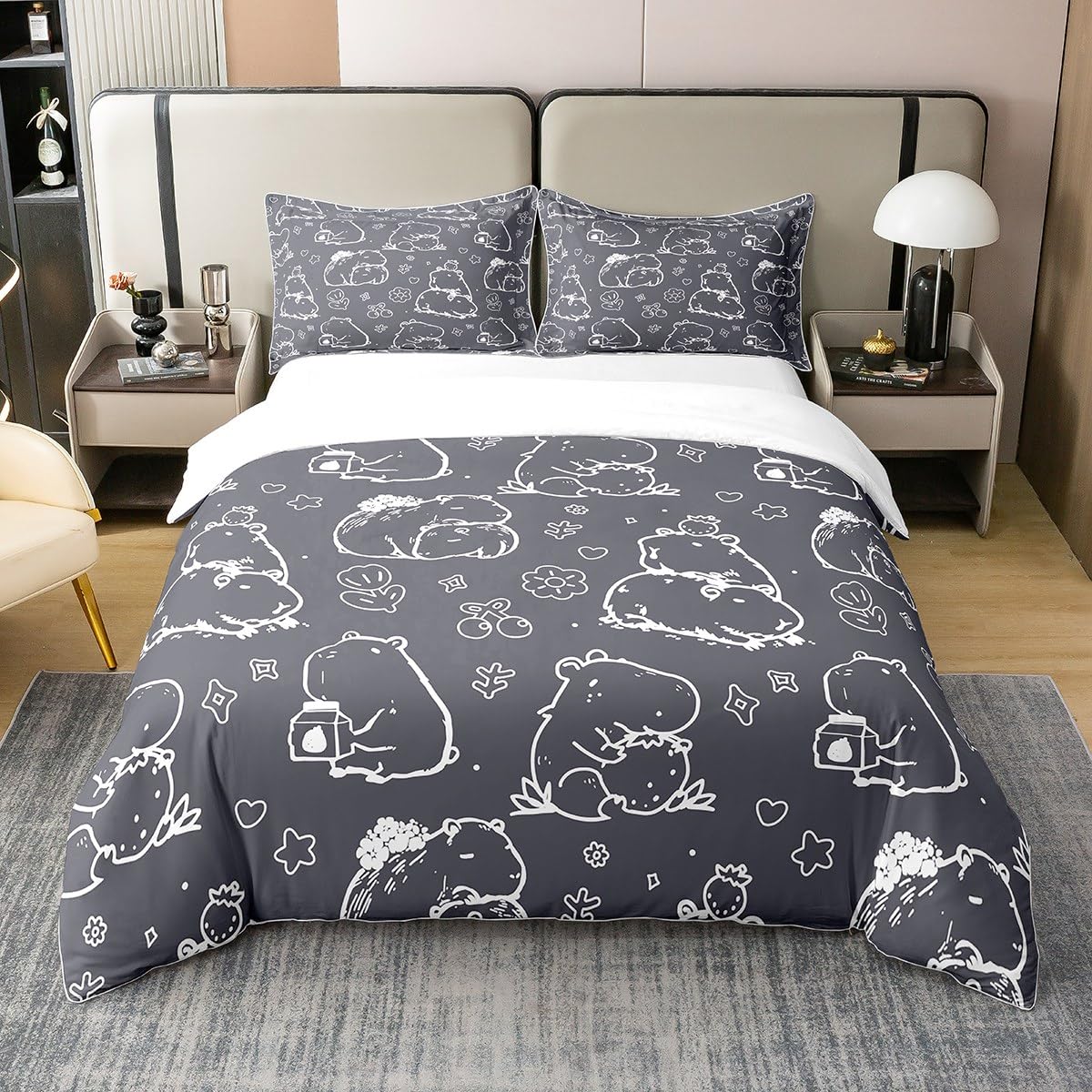 Nette Capybara Natürliche Baumwolle Bettwäsche 135x200,Kawaii Capybara Bettbezug für Capybaras Liebhaber Kinder,Erdbeere Love Stars Bettbezug Set Hand Gezeichnete Sketch Muster Bettset,1 Kissenbezug