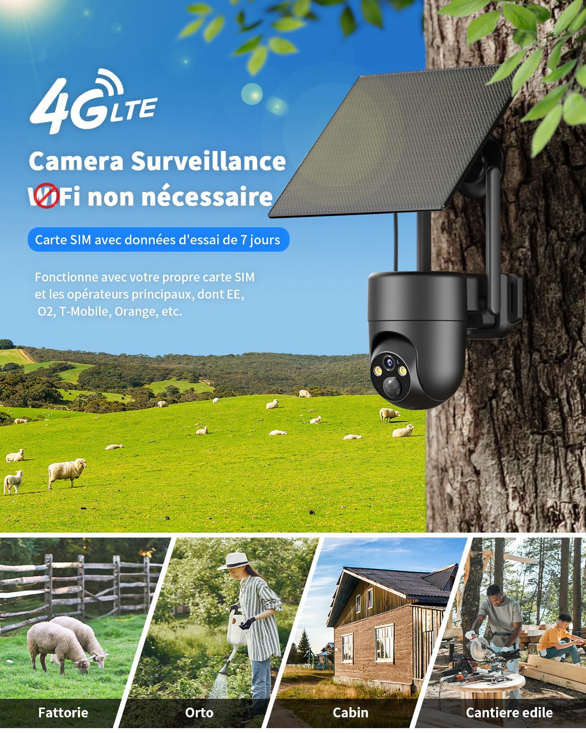 SEHMUA 4G LTE Camera Surveillance Solaire avec Carte Sim, 2K Exterieure | Camera sans Fil inclinable à 355°/90°,Détection Humaine PIR Alarmes de Zones Personnalisées, Étanchéité IP66