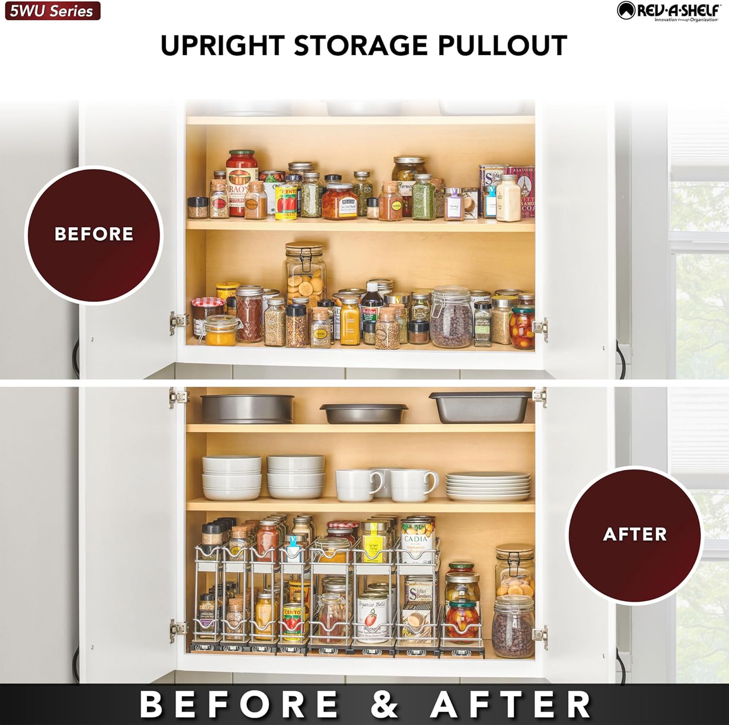 Rev-A-Shelf 5" Pullout Organizer for Cabinets, Two-Tier & Single-Wide Upright Sliding Storage for Kitchen Shelf, 5WU2-5W1-1