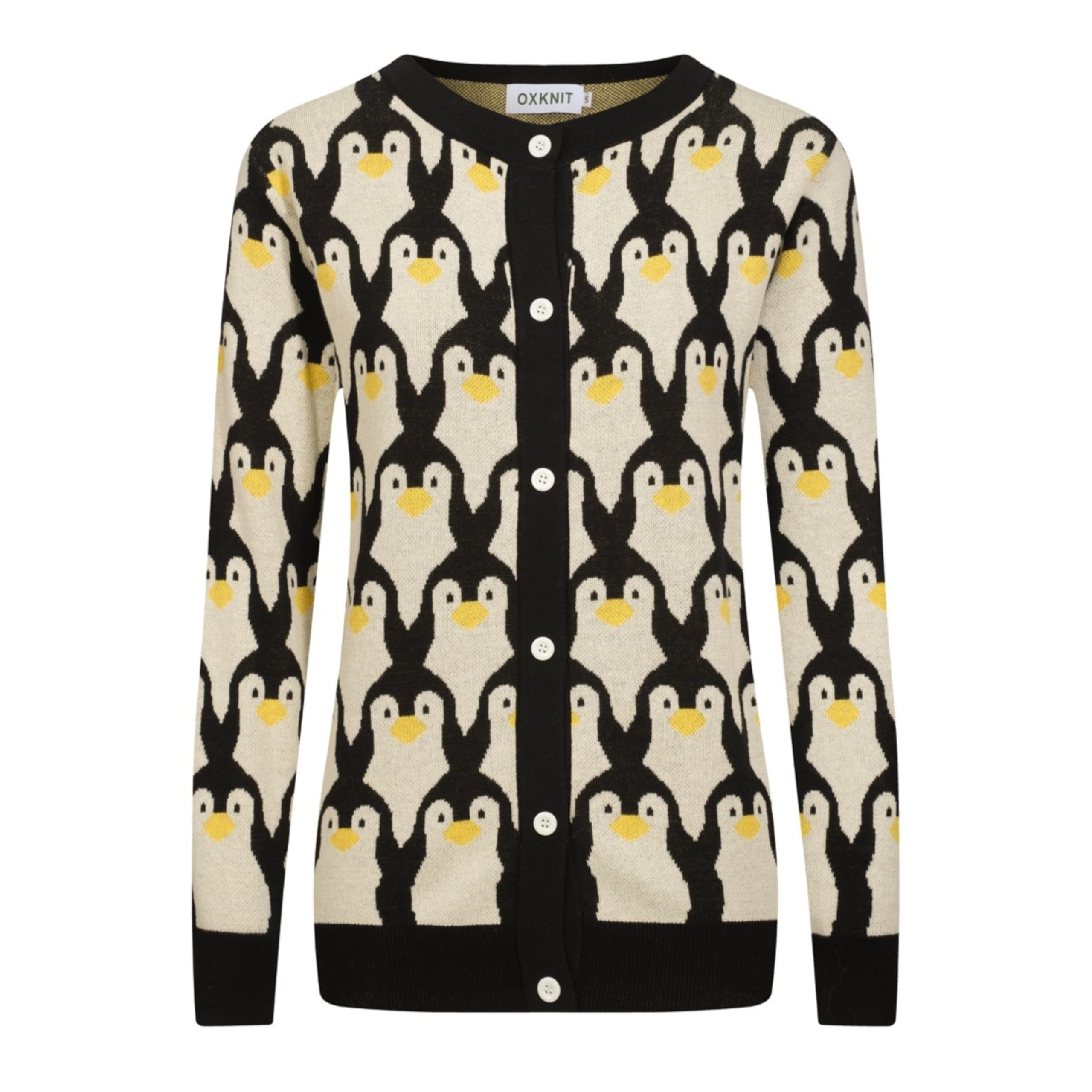 OXKNIT Womens Retro Beige Black Knitted Cardigan Sweater Vintage Penguin Pattern Casual Cotton Long Sleeve Tops
