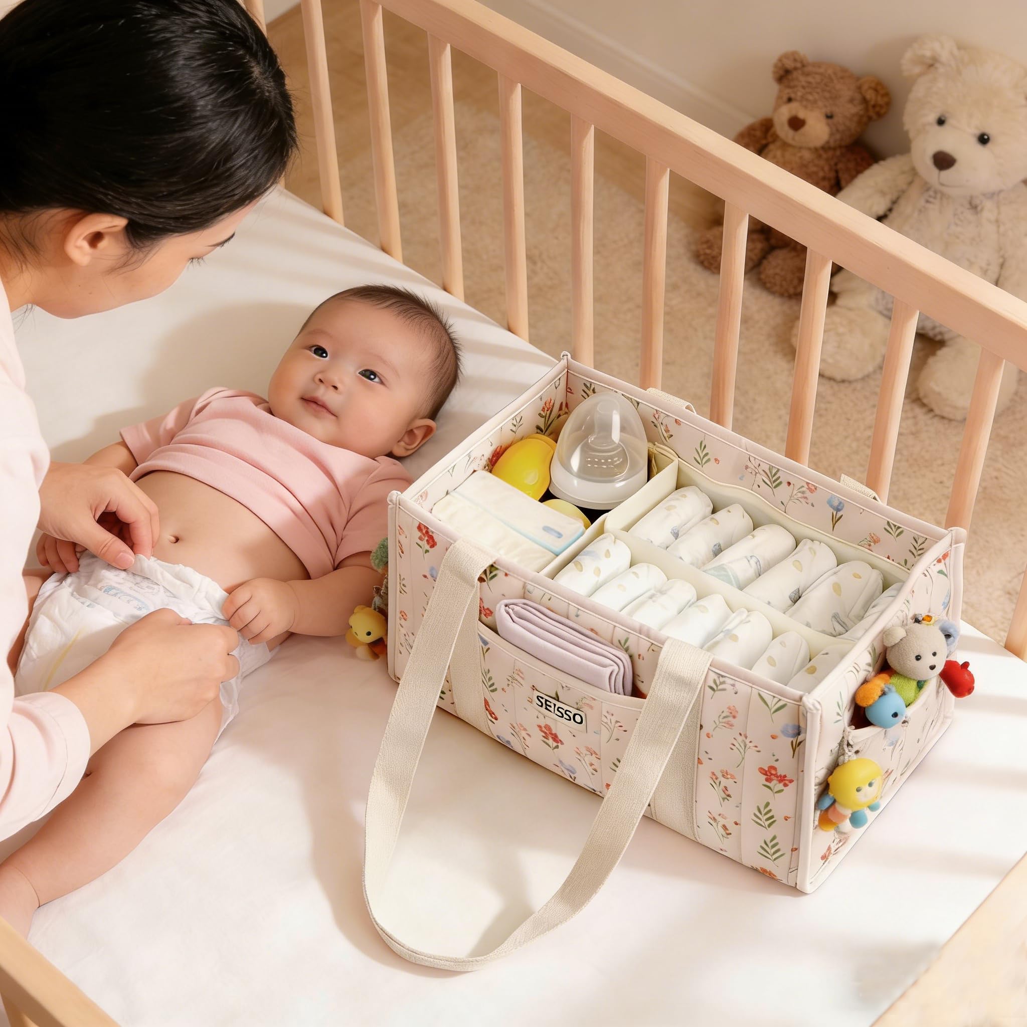 SEISSO Nappy Caddy Organiser Floral Diaper Caddy Bag, Nursery Storage Basket for Changing Table Newborn Girl Boy Essentials - Image 3