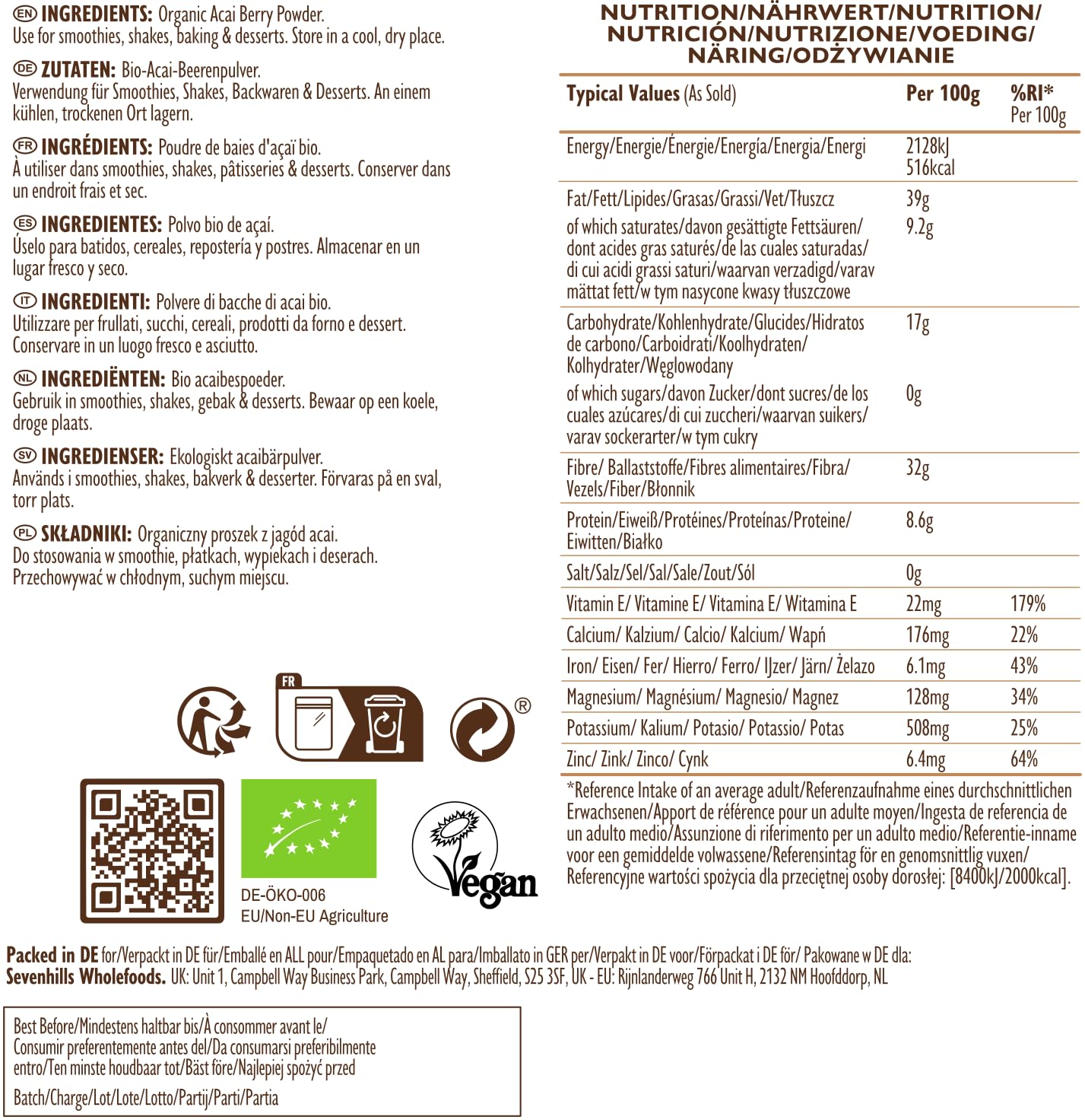 Sevenhills Wholefoods Poudre De Baie D'Açaï Bio 500g | Lyophilisé | Brésil