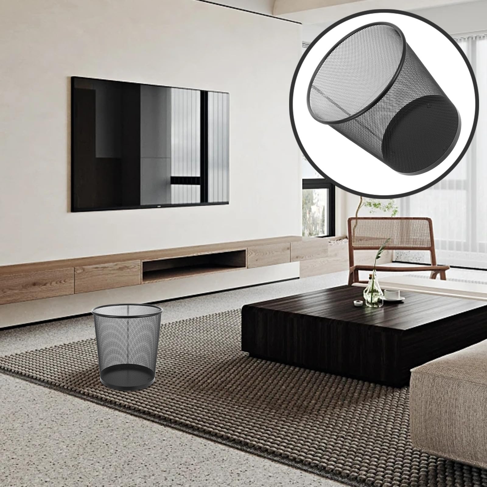 KALLORY 5 Piezas Papelera Metálica Negra Redonda Ventilada y Portátil de 9 L para Cocina y Espacios Compactos, Diseño Moderno y Elegante de Hierro