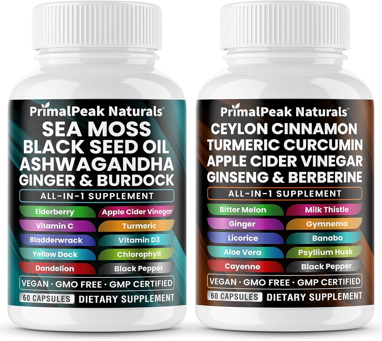 Sea Moss Black Seed Oil Ashwagandha Ginger Burdock Bladderwrack & Ceylon Cinnamon Apple Cider Vinegar Turmeric Curcumin Panax Ginseng Berberine with Bitter Melon Gymnema Sylvestre Vegan Capsules