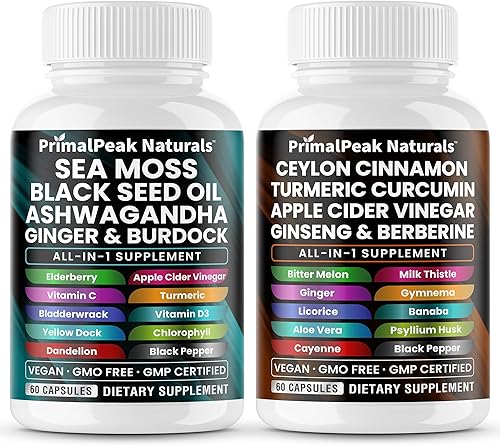 Aceite de semilla negra de musgo marino Ashwagandha Jengibre Bardana Vejiga y Ceilán Canela Vinagre de sidra de Manzana Cúrcuma Curcumina Panax