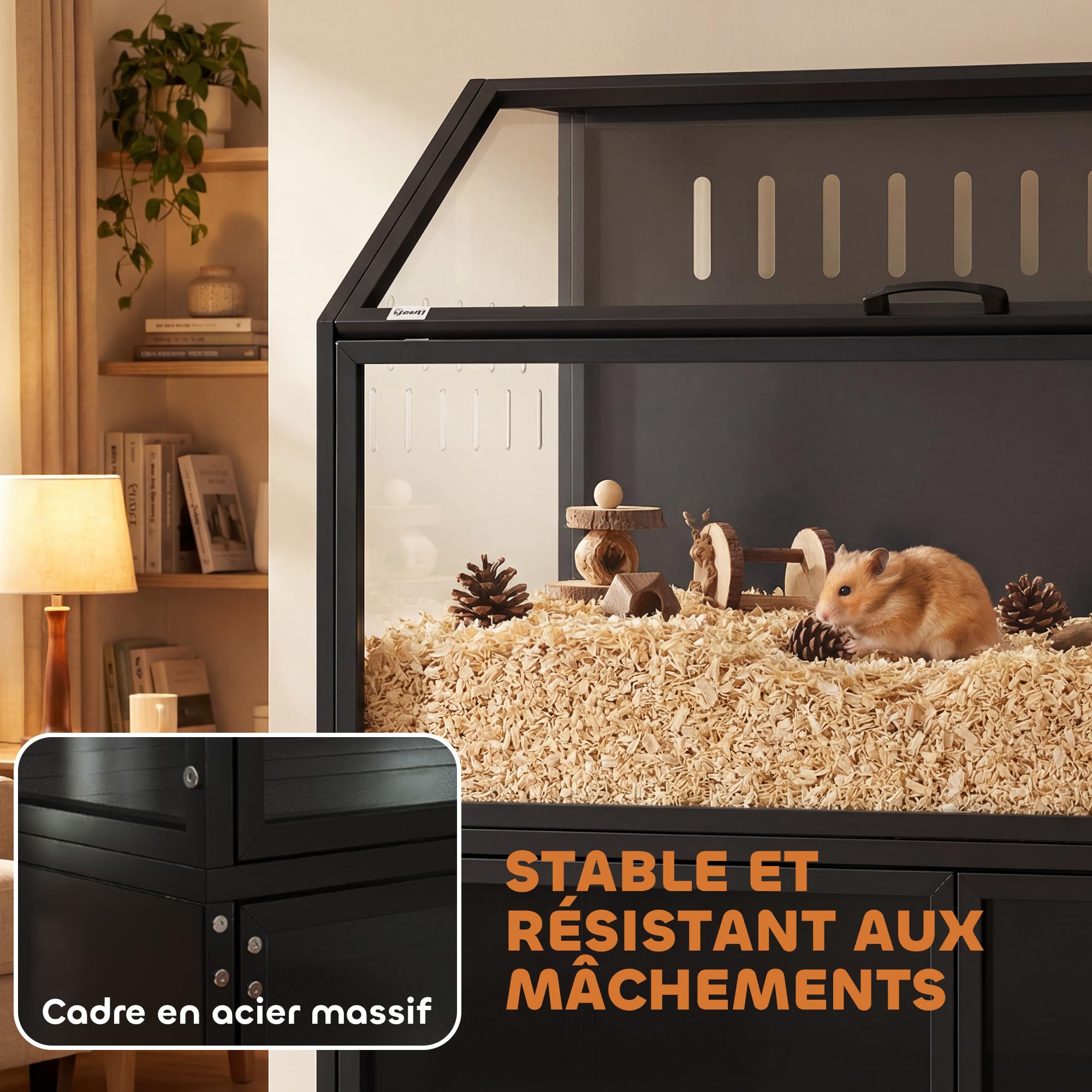 PawHut - Jaula de hámster 2 en 1 con armario de almacenamiento de habitaciones, 104 cm, color negro | Para roedor, acero resistente a las picaduras, acrílico transparente, diseño de jaula grande, para hámster sirio y ratón
