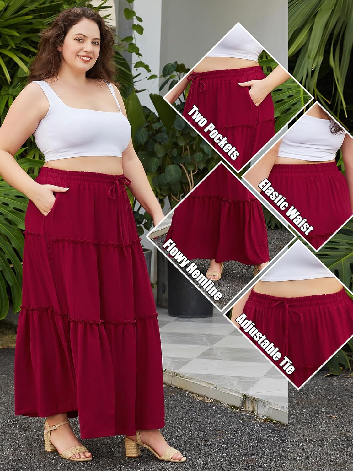 Moon Wood Plus Size Maxi Skirts for Women Trendy Long Flowy Boho Tiered Skirt Renaissance Summer Beach Skirt with Pockets - Image 4
