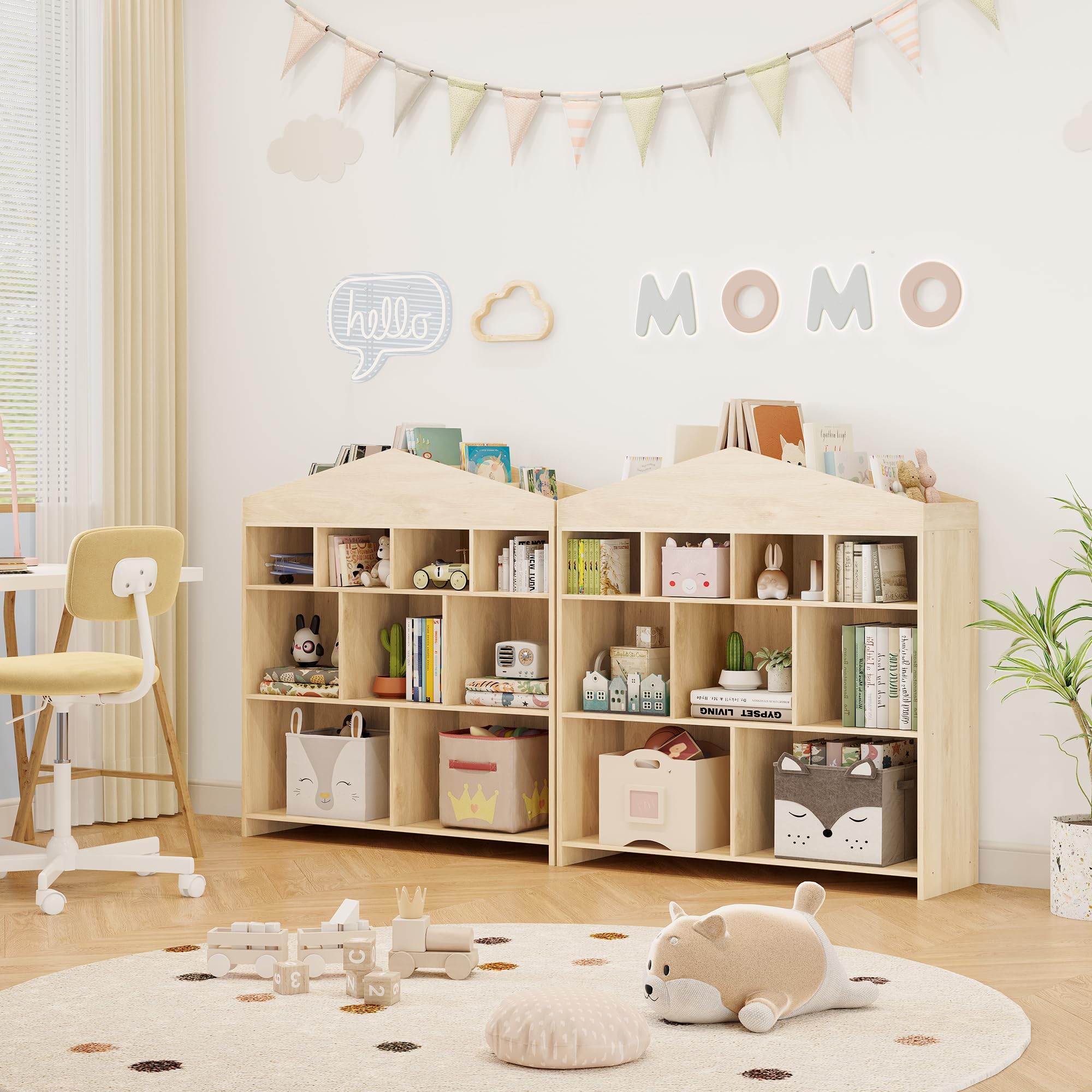 Kinderregal Hausform Holz, 103,5x100x30 cm | 4 Etagen Aufbewahrungsregal, Für Spielzeug & Bilderbücher, Ideal für Kinderzimmer, Spielzimmer oder Kindergarten