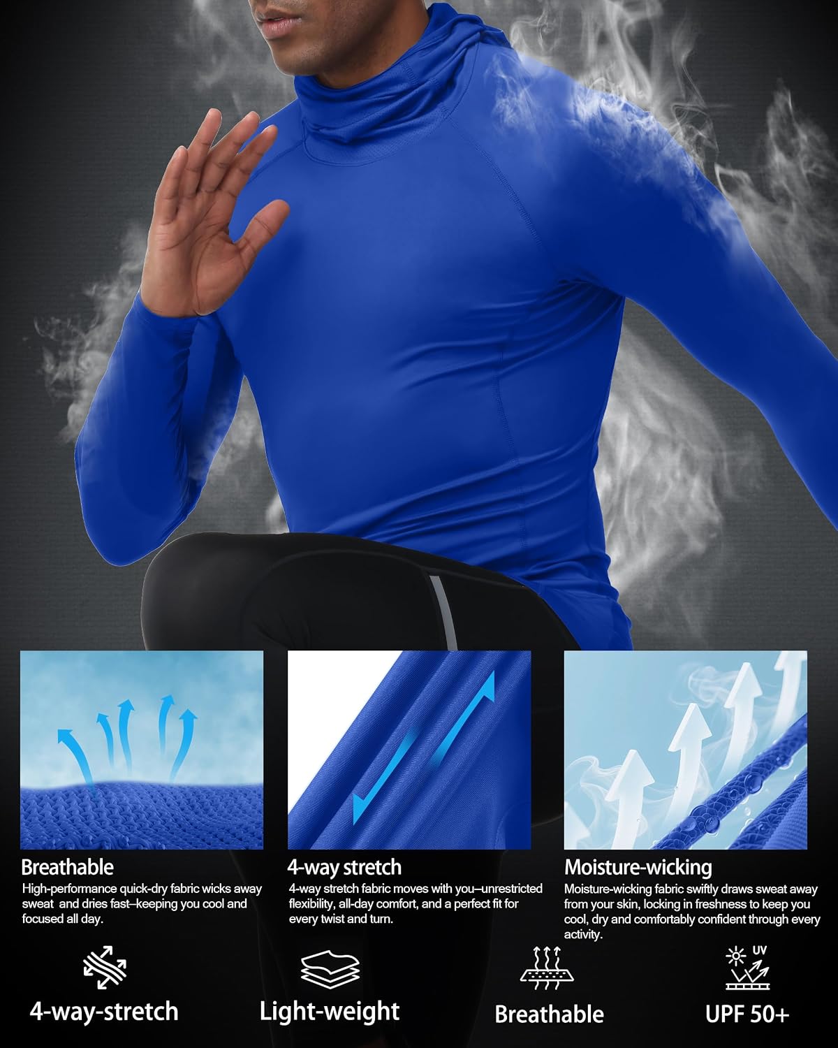 Men's Compression Shirt Hoodie with Mask, Long Sleeve Athletic Base Layer Top, Cool Dry Workout Sports Undershirt