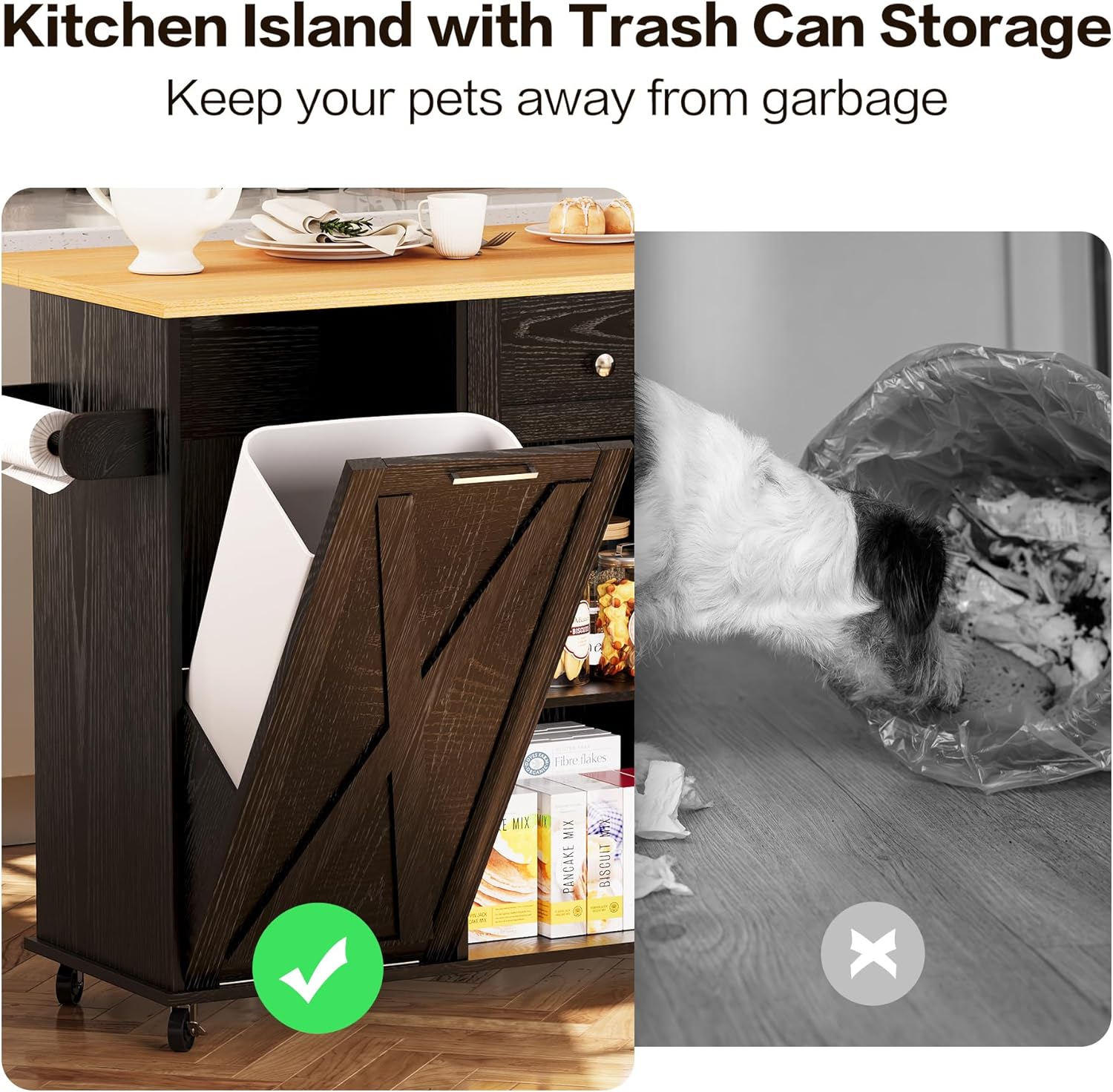 Rolling Kitchen Island with Trash Can Storage, 52” Kitchen Island Cart with Drop Leaf Countertop, Island Table with Drawer & Shelf for Kitchen