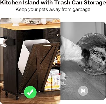 Rolling Kitchen Island with Drop Leaf & Trash Can Storage, Kitchen Island Cart with Spice Rack & Towel Rack, Mobile Island Table