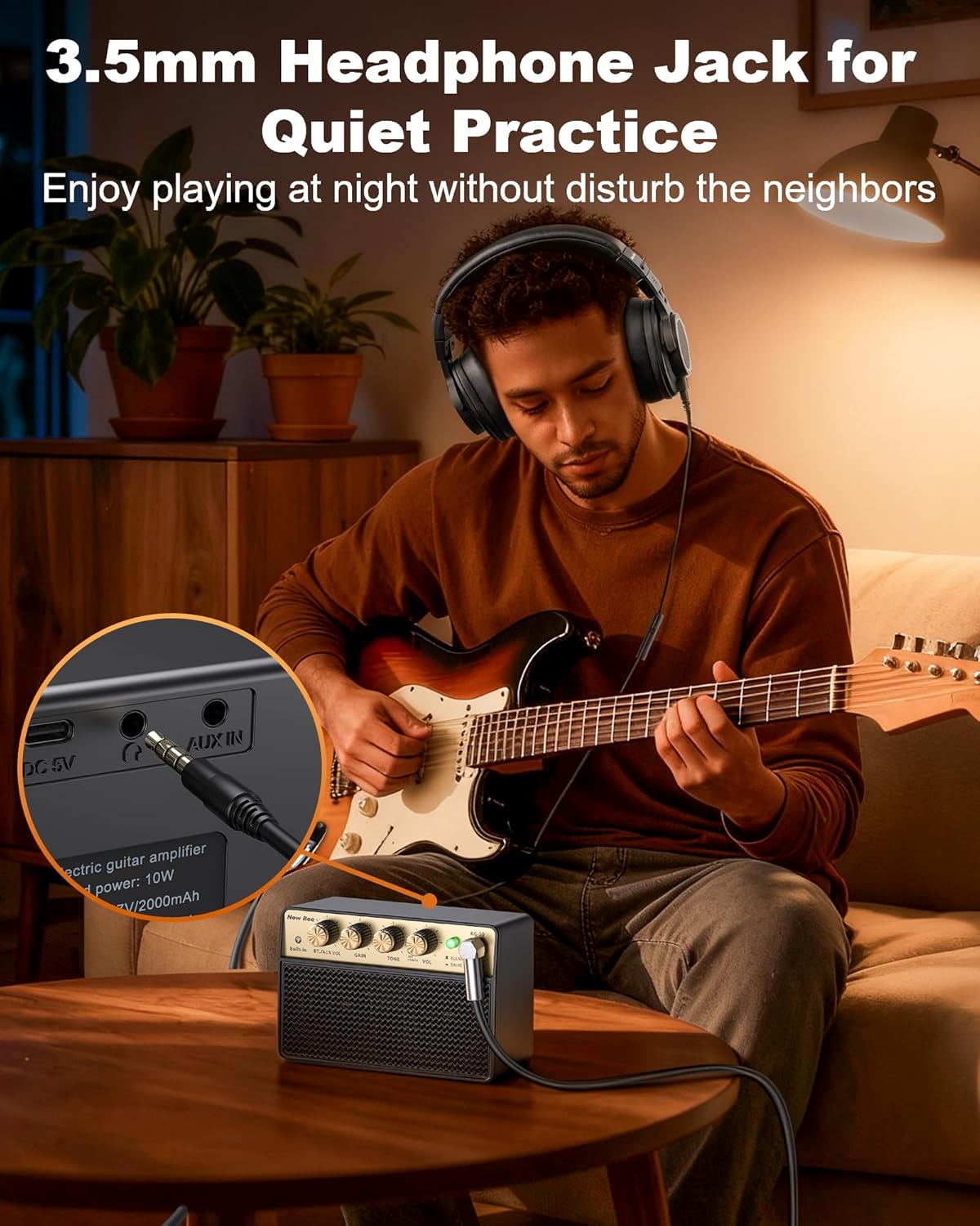 Mini Guitar Amp, 10W Electric Guitar Amplifier with Clean Drive Channel, 3.5mm Headphone/AUX Jack, 6H Work, USB-C Rechargeable Bluetooth Small Portable Amp for Indoor Practice Travel