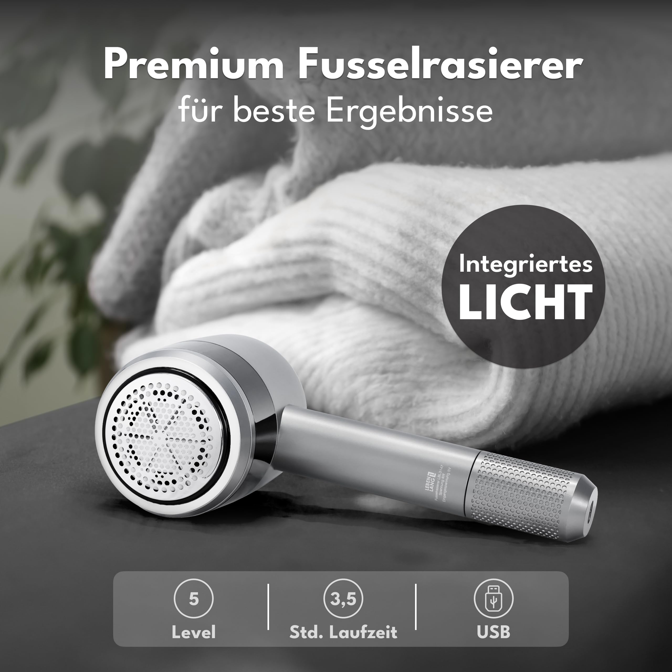 LEBENLANG Premium Fusselrasierer Elektrisch 4000mAh - Inkl. LED Display & Taschenlampe I 5 Modi & 3,5h Laufzeit I Flusenrasierer für Kleidung Fusselentferner Lint Remover Fuselrasier Flusenentferner