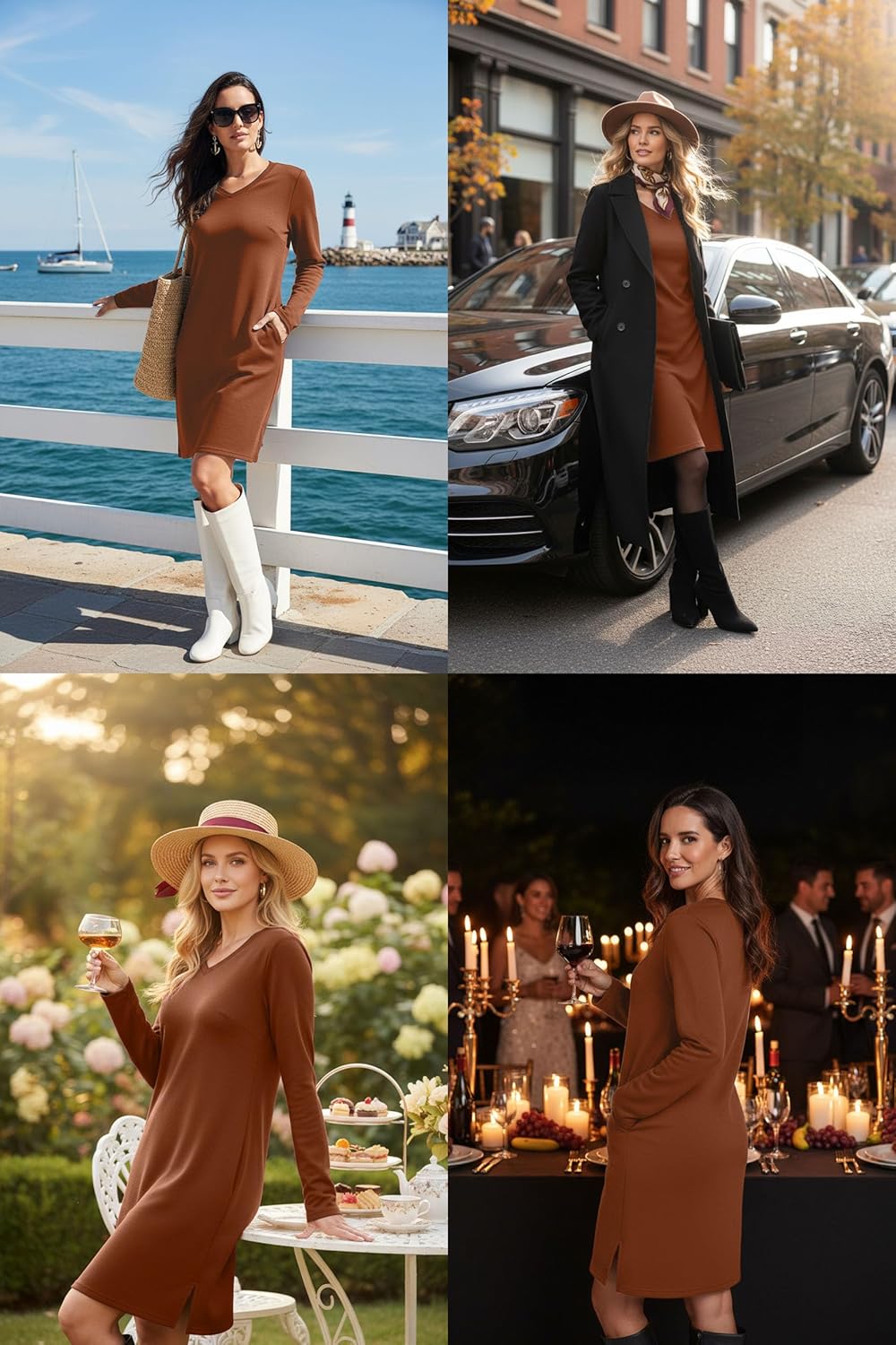 levaca Dresses for Women 2026 Spring Fall Fashion Casual Long Sleeve V Neck Tshirt Dress Side Split Outfits with Pockets - Image 2