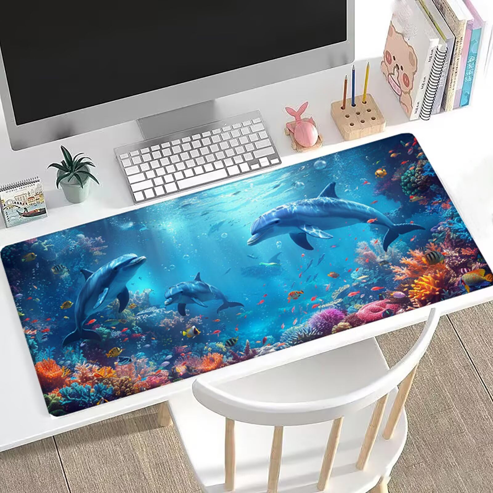 Niebieska podkładka pod mysz gamingowa XXL, 1200 x 600 mm, podkładka na biurko, duża podkładka pod mysz z delfinem, antypoślizgowa konstrukcja, lepsza kontrola, podkładka do pisania, wyposażenie domu