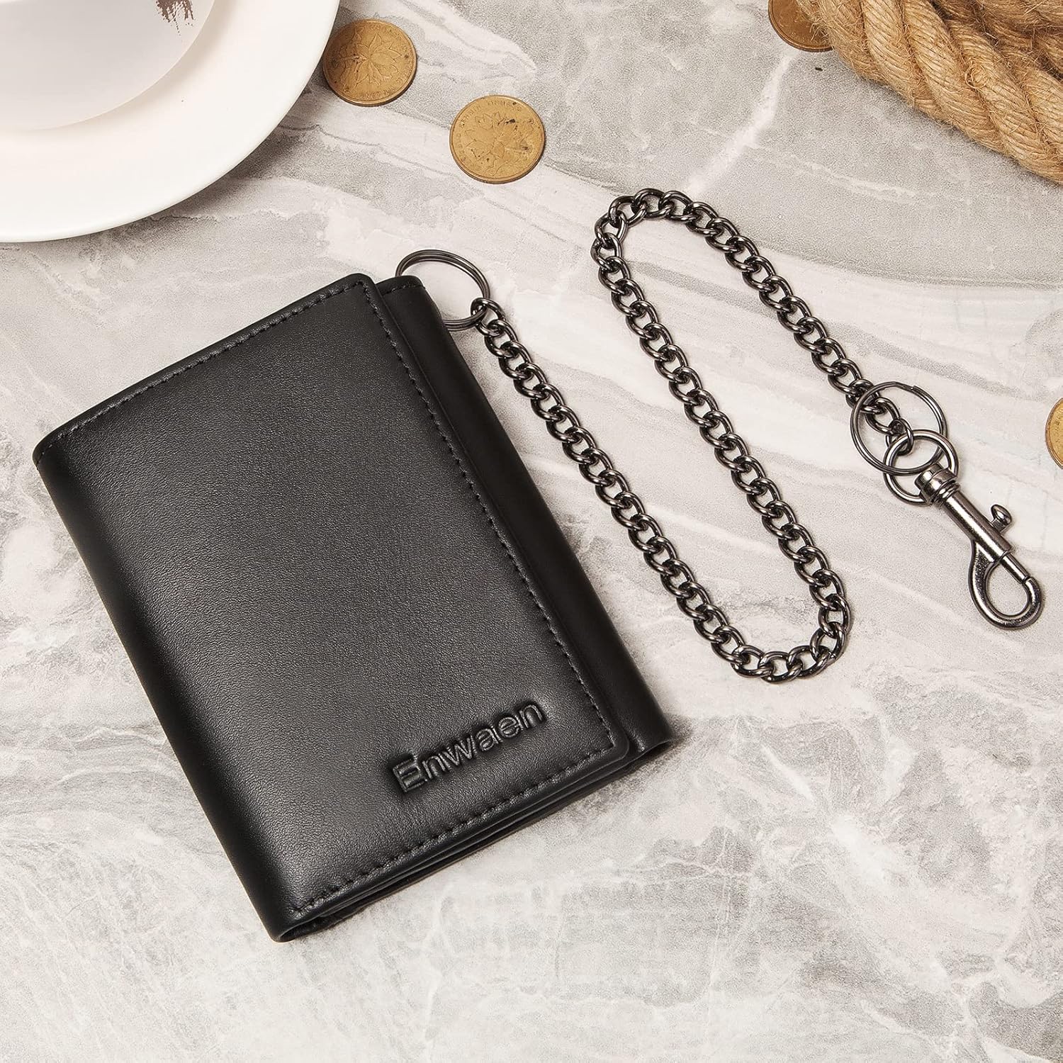 Mens Wallet with Chain, Genuine Leather Trifold Wallet RFID Blocking Anti-Theft Chain for Biker, Motorcycle(Black) - Image 5