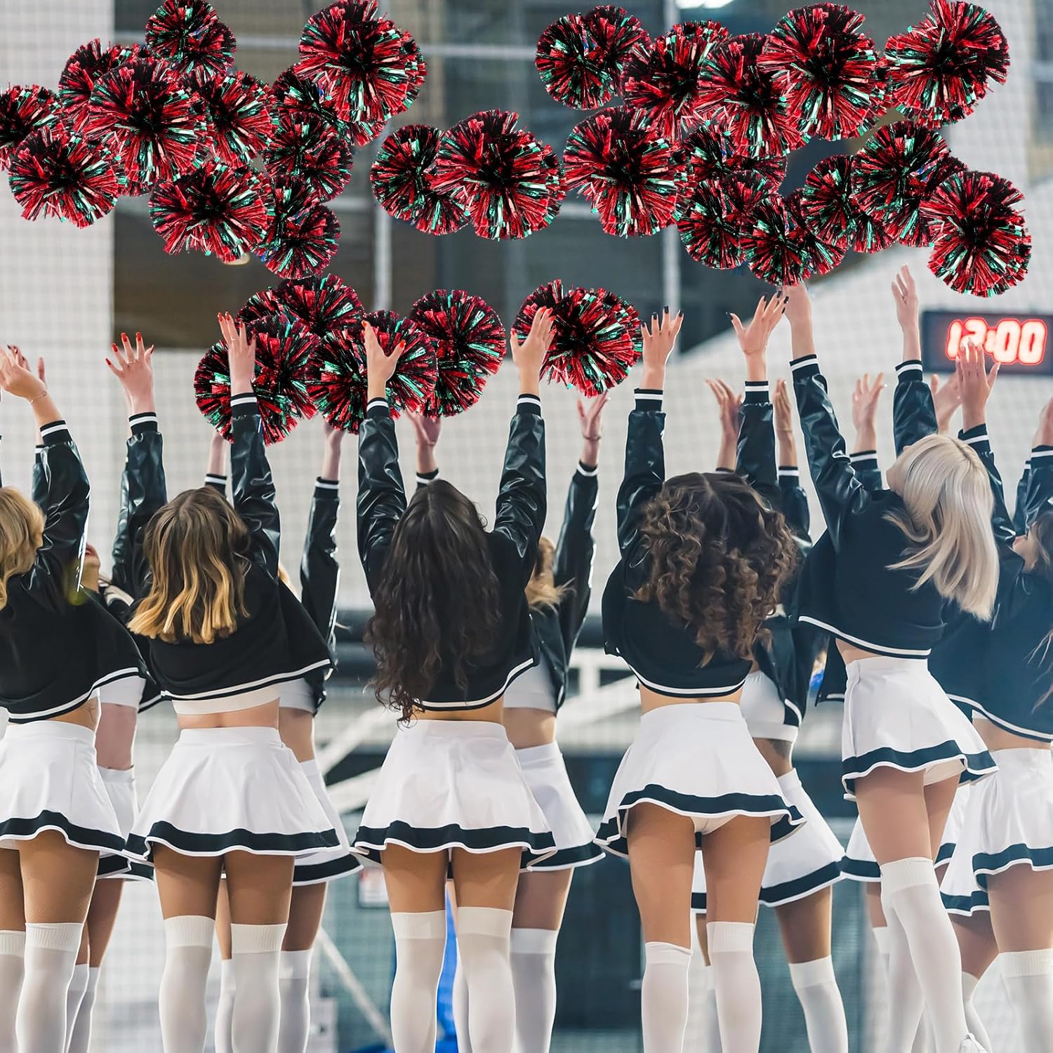 Yunsailing 24 Pack Cheerleading Pom Poms with Baton Handle 14.5 Inch Metallic Cheering Squad Pompoms for Team Sports Football Dance Cheering Adults (Red,Green and Black)