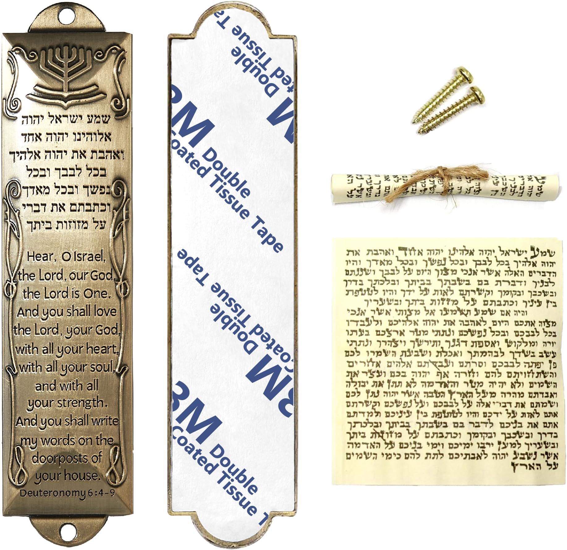 Mezuzah with Scroll for Door, Self-Stick Metal Blessing Mezuzah Cases, Brass Plaque with English and Hebrew Blessing Scripture for Jewish House Warming Gift, Hannukah Decor (1Pack)