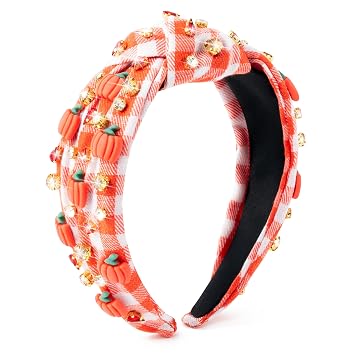 PANTIDE Thanksgiving Fall Jeweled Knotted Headband - Pumpkin Rhinestone Crystal Embellished Headband Wide Top Knot Fashion Hairband Hair Accessories Autumn Birthday Gift for Women GirlsPlaid Pumpkin