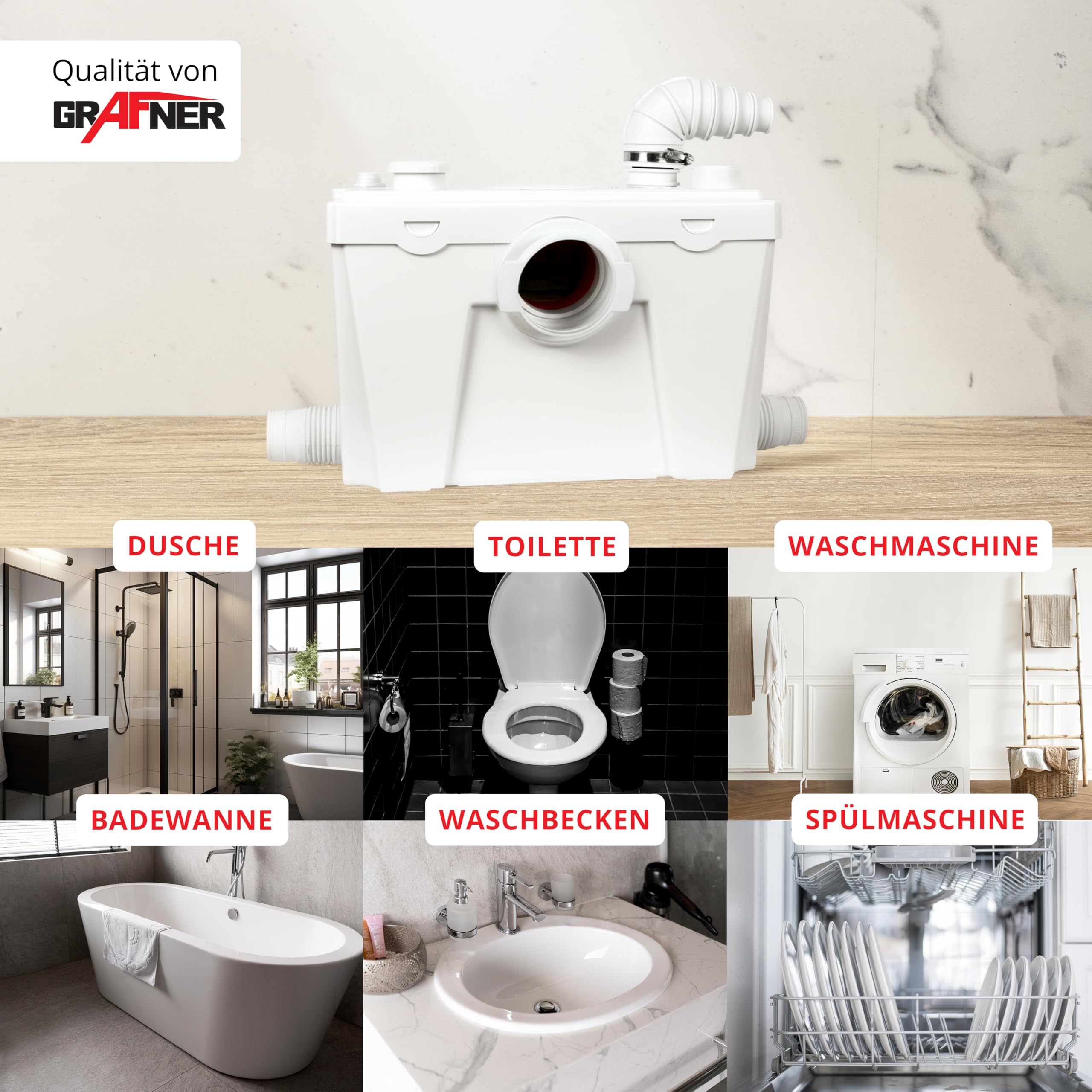 Grafner 4/1 Kleinhebeanlage 500W mit Häcksler & Aktivkohlefilter, Hebeanlage bis 8m Höhe, 4 Einlässe, 110L/min, Rückschlag, Abwasserhebeanlage WC, Dusche, Spüle, Keller Fäkalienhebeanlage