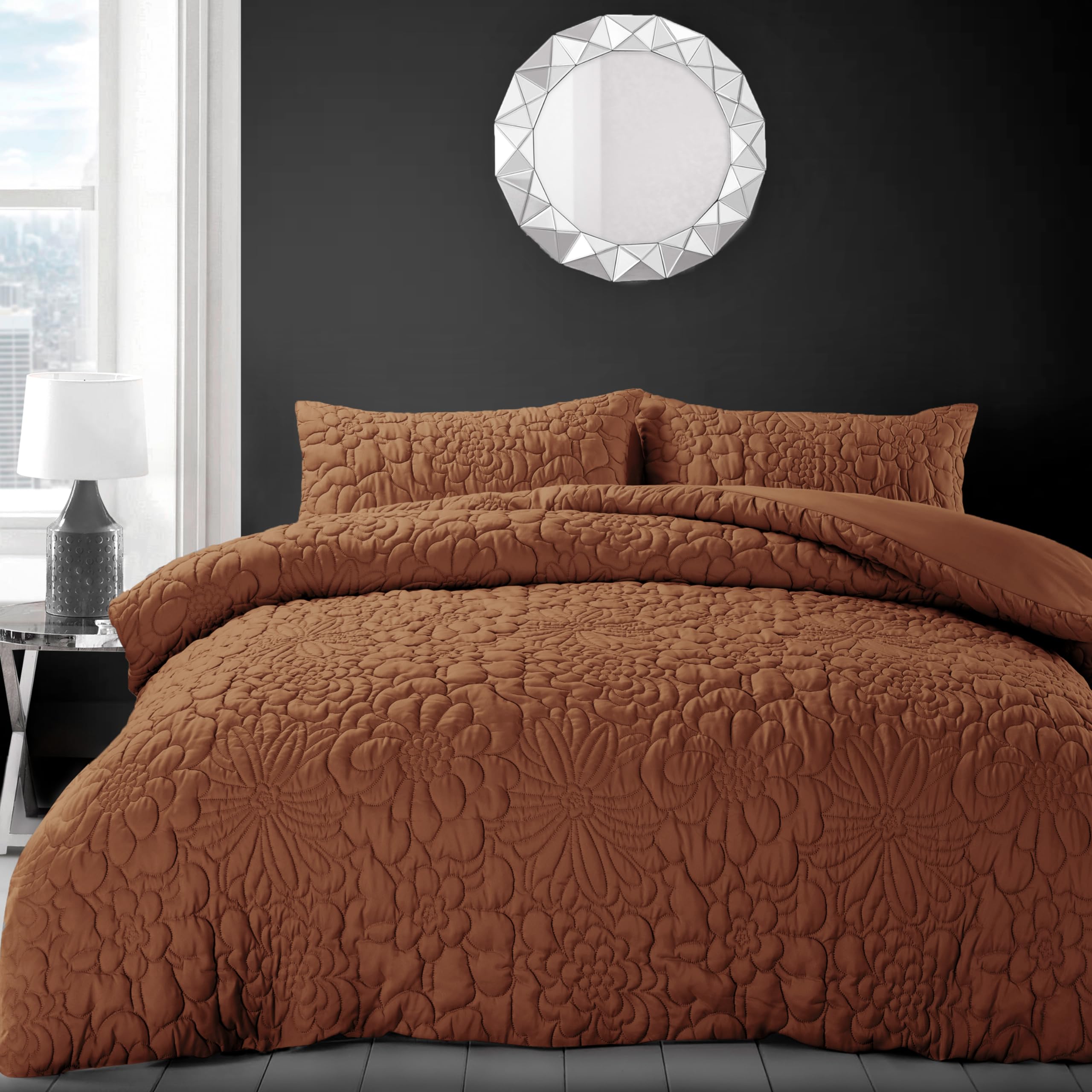 Intimates Luxury White Grey Quilted Thermal Floral Geometric Pinsonic Embossed Bedding Set with Pillowcases (Orange Rust, Double)