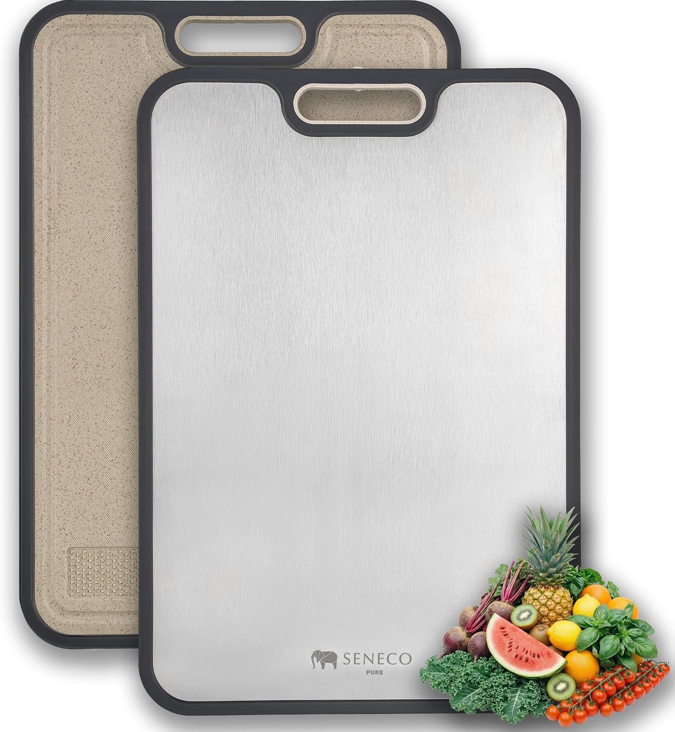 Double Sided Stainless Steel Cutting Board - Large Wheat Straw and Metal Composite - Dishwasher Safe with Juice Groove - Reversible Chopping Board for Kitchen - Hanging Design