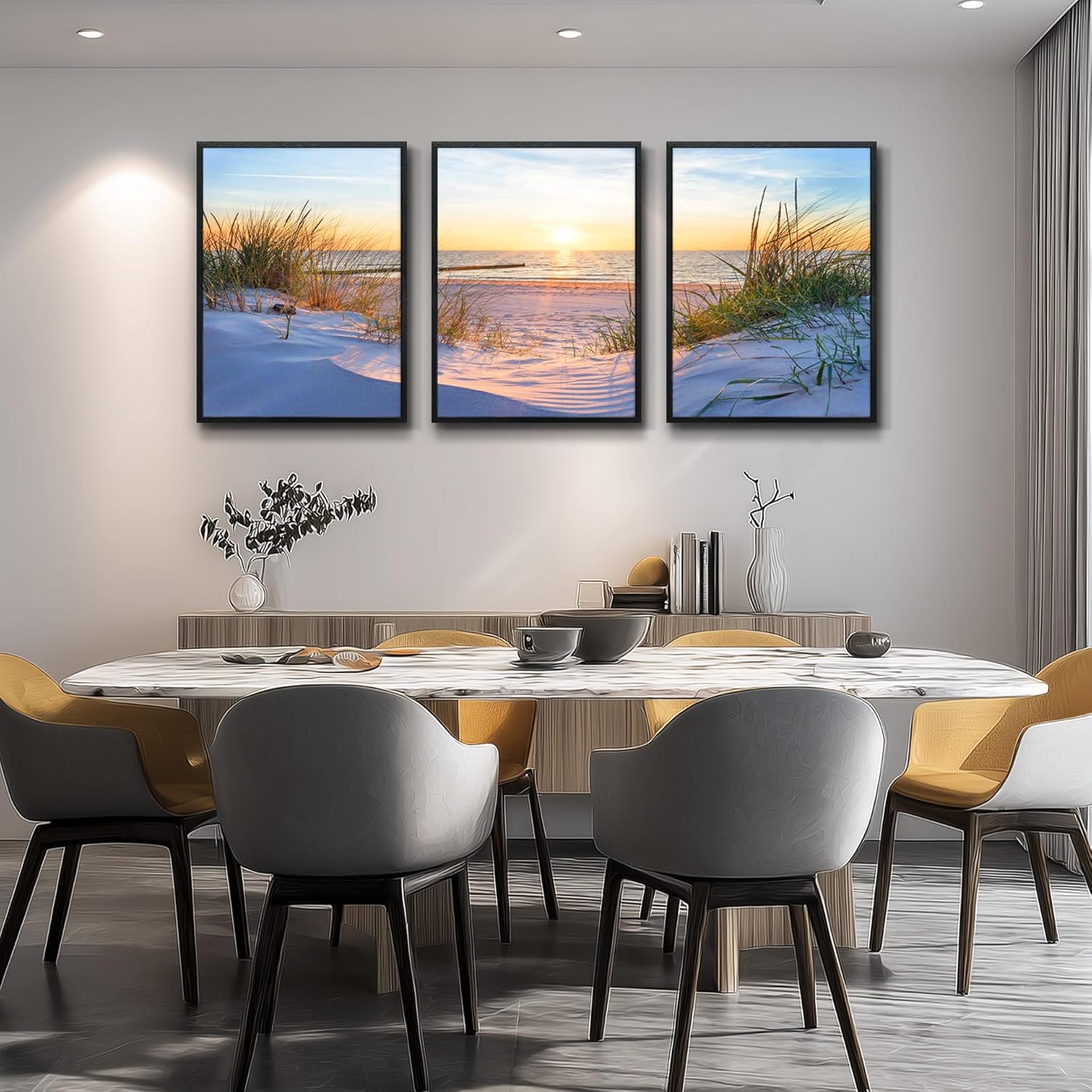 Black Framed Beach Wall Art Set - Blue Seascape Paintings for Living Room, Bedroom & Office - 12"X16" Each