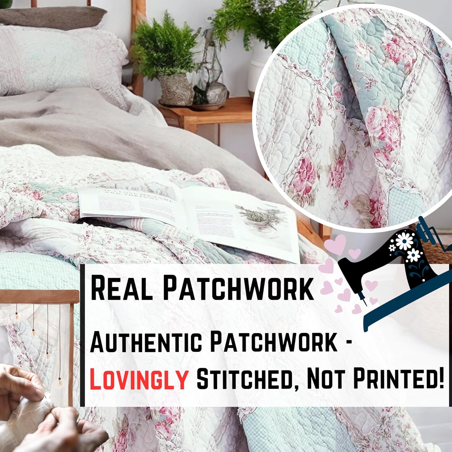 DaDa Bedding 11-Pieces Cottage Bed in a Bag Set - Hint of Mint Floral Pastel Blue Cotton Patchwork Bedspread - Fitted Sheet w/Pillow Throw Euro Sham Covers & Window Curtain Valance - Cal King