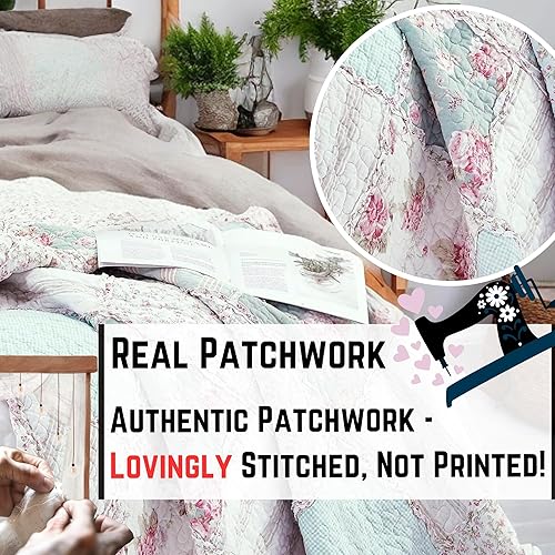 Miniatura 2 de DaDalogy - Manta de retazos de algodón, diseño floral, reversible, con un toque de menta, delicada, shabby chic, floreciente botánica, con volantes,