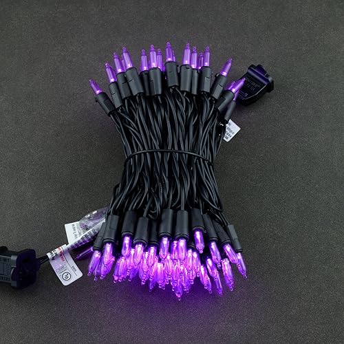 Miniatura 2 de YULETIME Juego de luces LED de Navidad moradas con cable negro, 33 pies, 100 unidades, certificación UL, grado comercial, Halloween (morado - cable