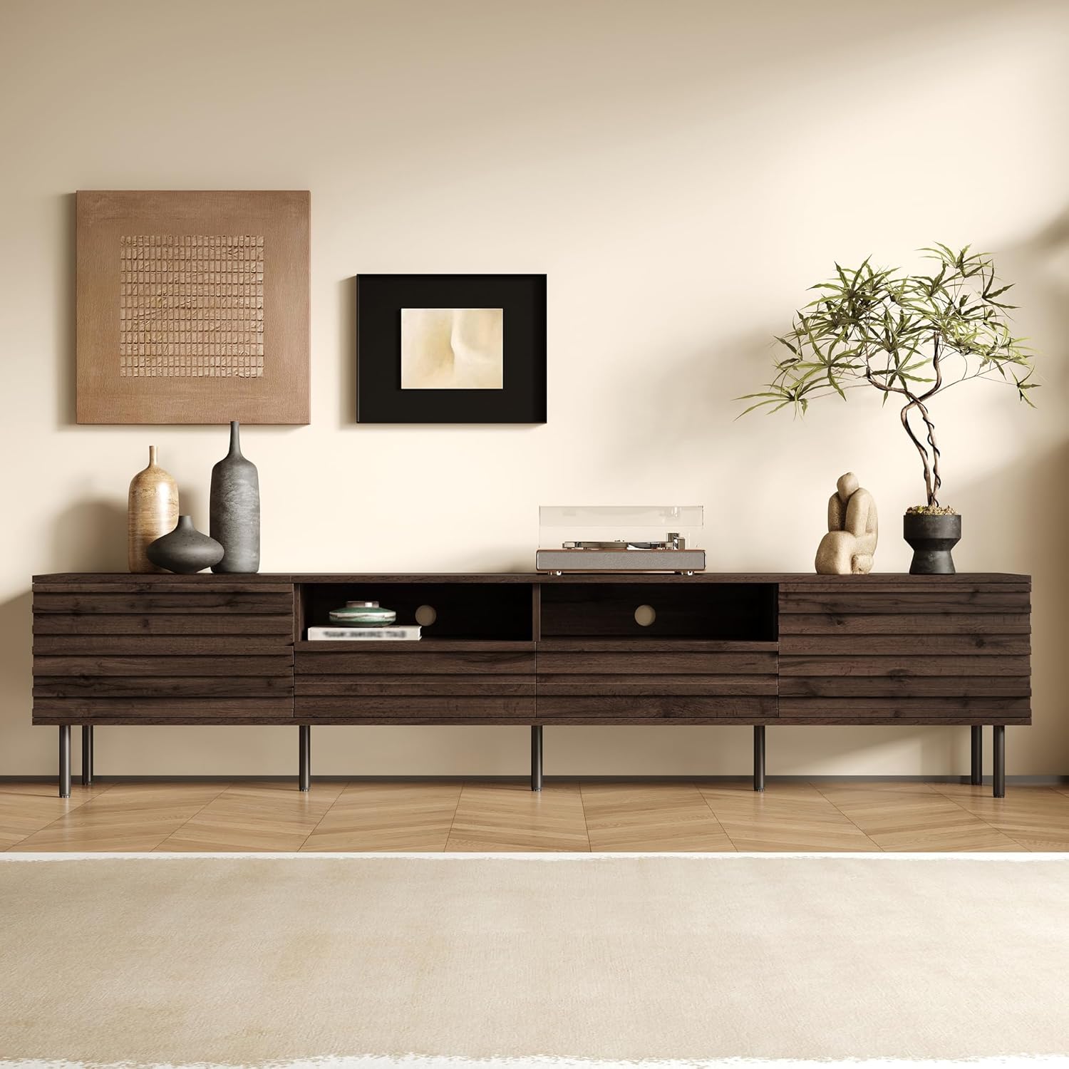 TV Stand for Living Room, 78" Entertainment Center for 65 75 85 Inch TV, Modern Wood TV Console Table with Slatted Doors, Storage Cabinets, Cable Management & Soft Close Hinges, Dark Brown