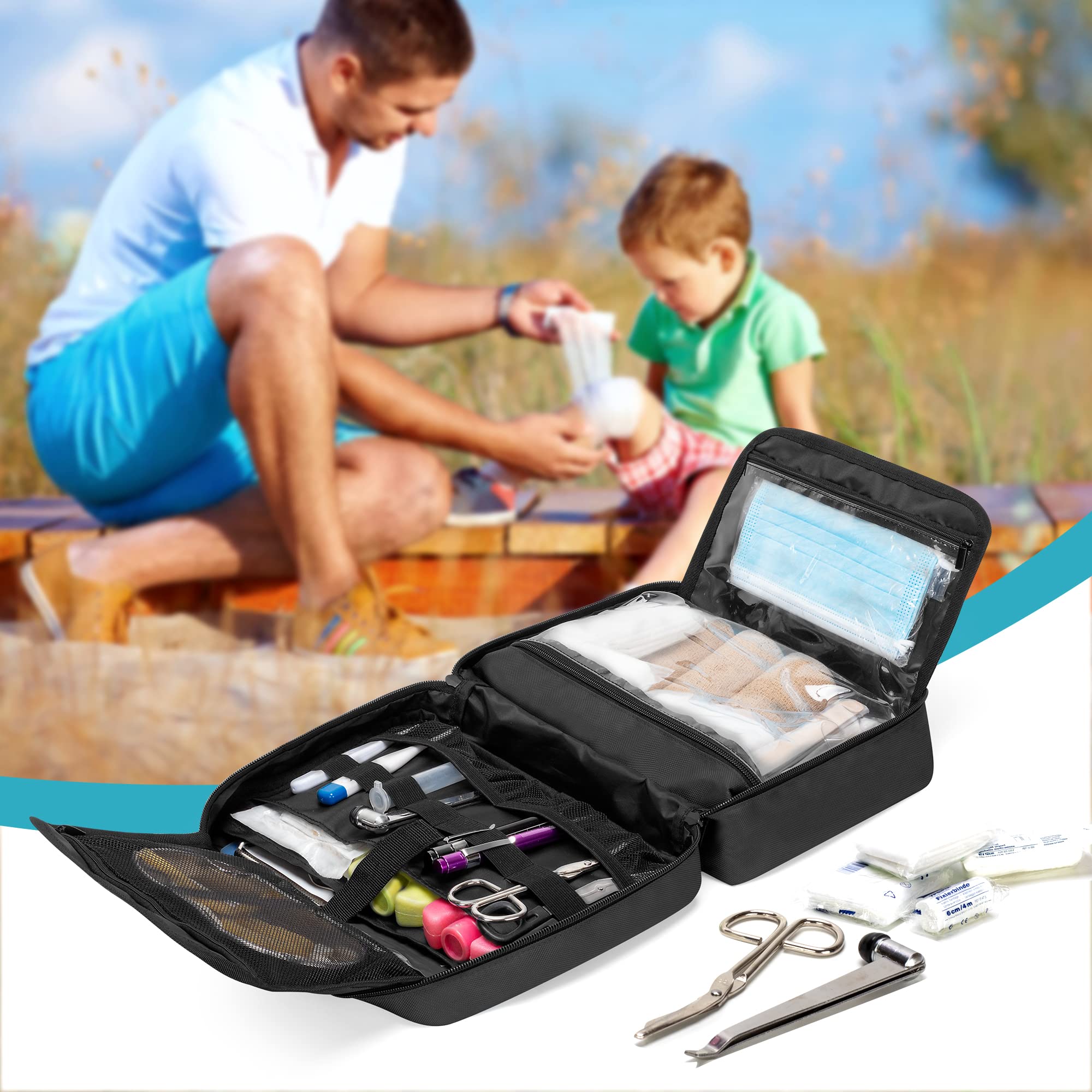 Trunab Trousse de Secours Vide, Pochette Pharmacie avec 2 Rabats Intérieurs, Sac Premier Soins avec Plus de Poches pour Les Accessoires, Convant à Maison, Camping, Voyage et Randonnée, Noir