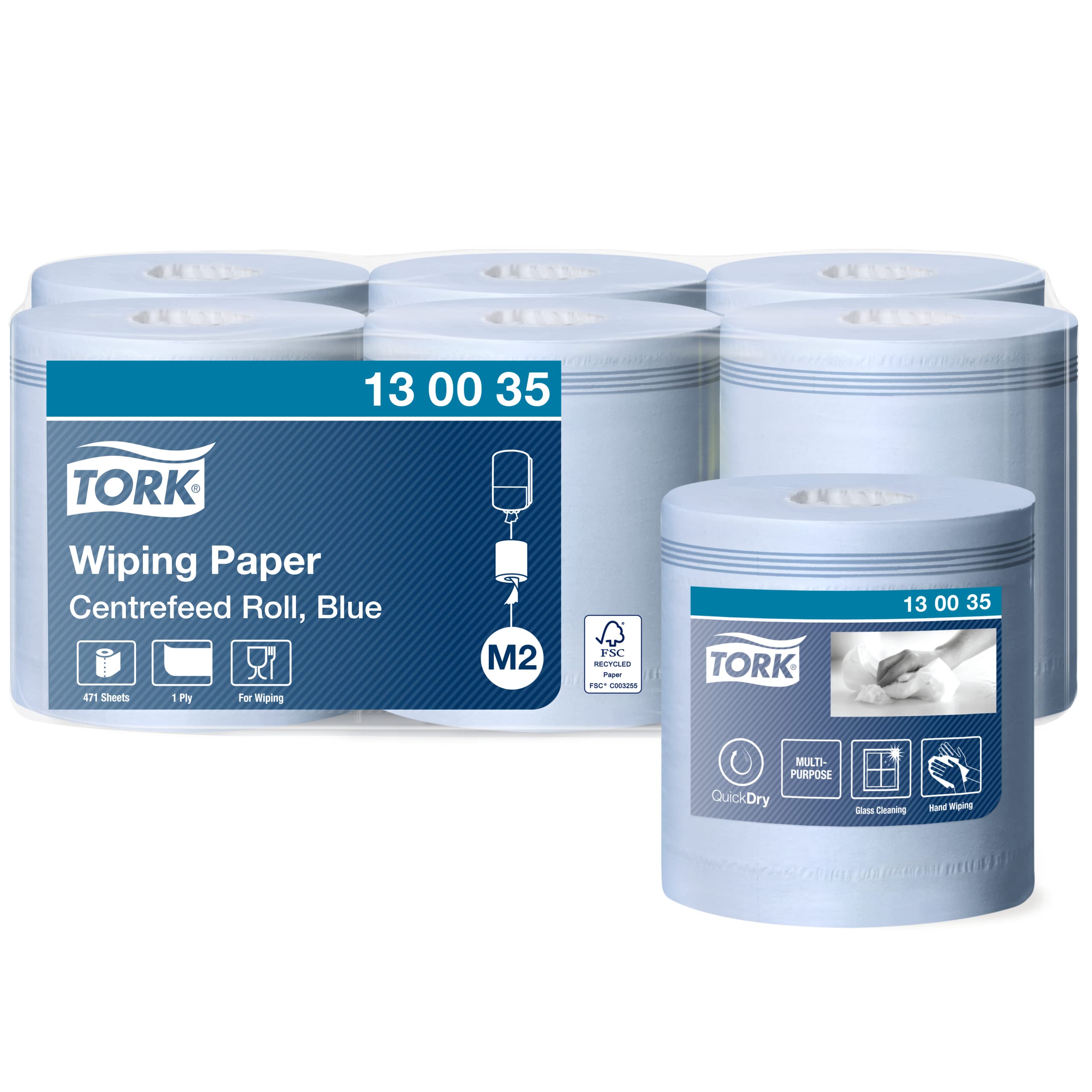 Tork Papierwischtücher mit Innenabrollung Blau M2, Saugfähig, 6 × 471 Blatt, 130035