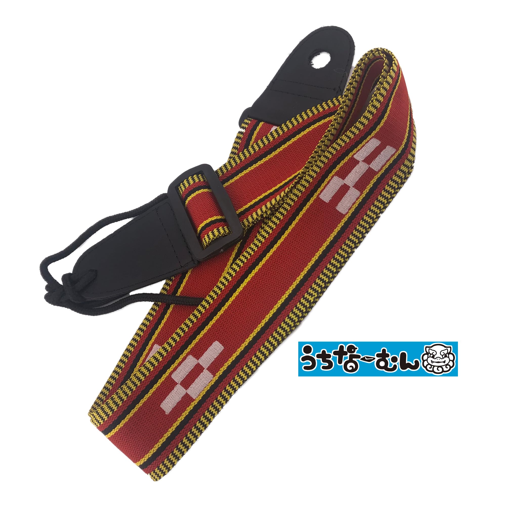 三線ストラップ ミンサー柄 赤 ＋うちなーむんシール
