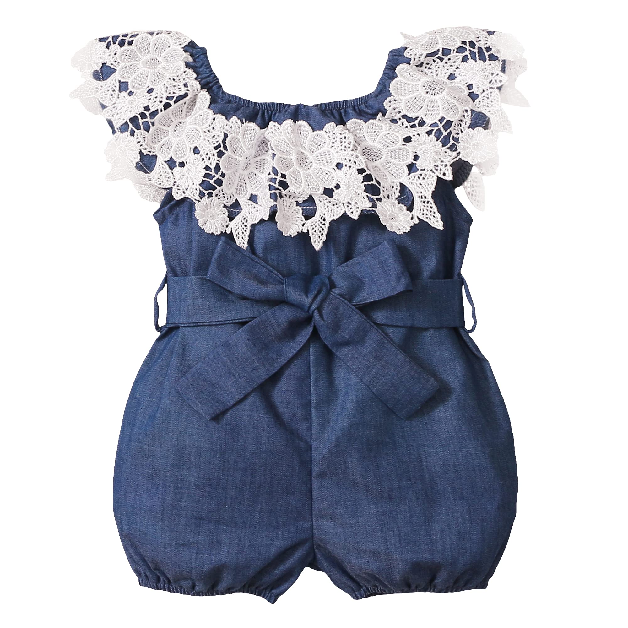XUANHAO Rompers For Girls Cute Girl Clothes One Piece Ruffle Sleeveless Toddler Denim Summer Outfit Lace Romper Baby Girl 12-18 Months