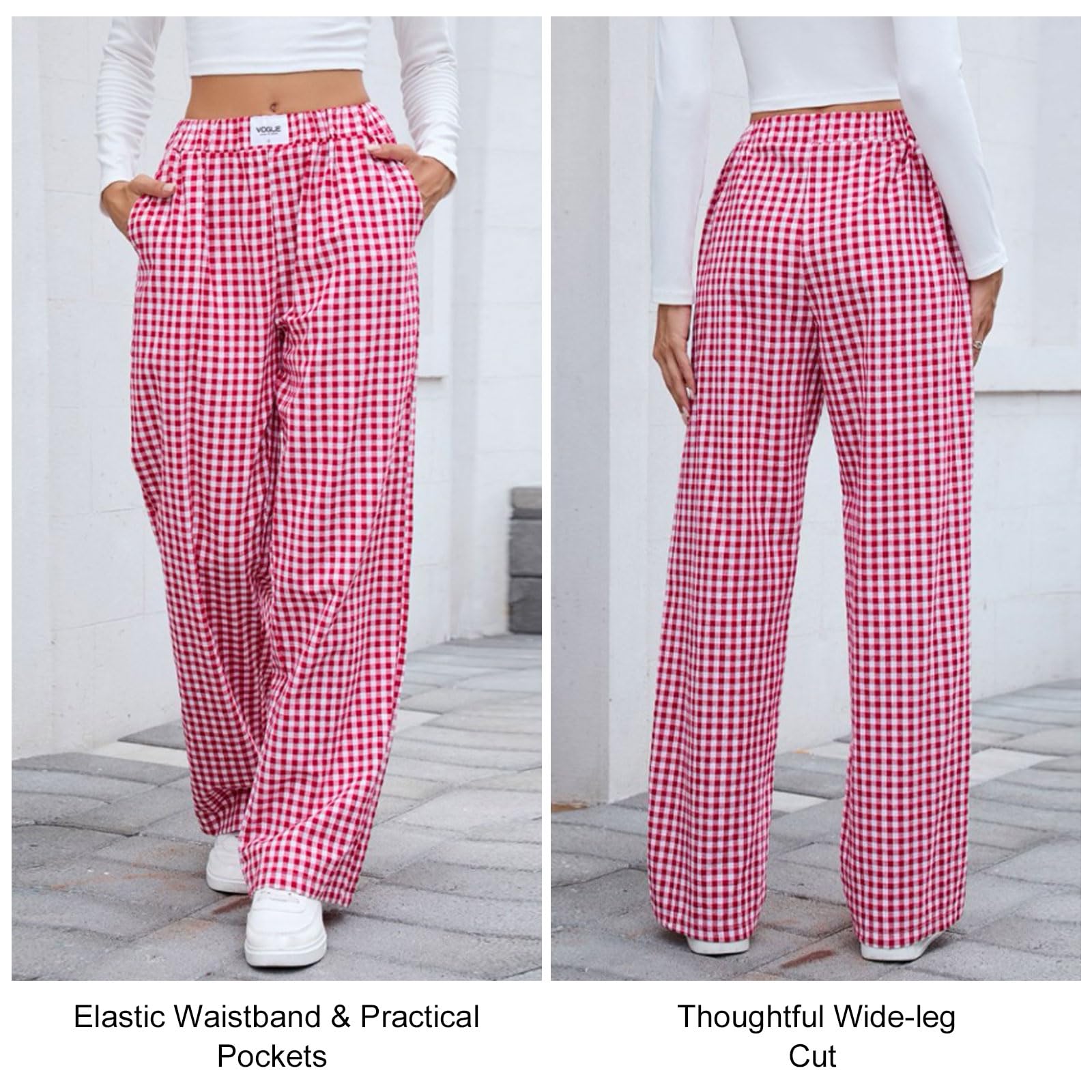 Pantaloni lunghi da donna in 100% cotone – Pantaloni da pigiama a quadretti con morbido elastico in vita, ampie gambe e pratiche tasche | Pantaloni perfetti per serate di benessere