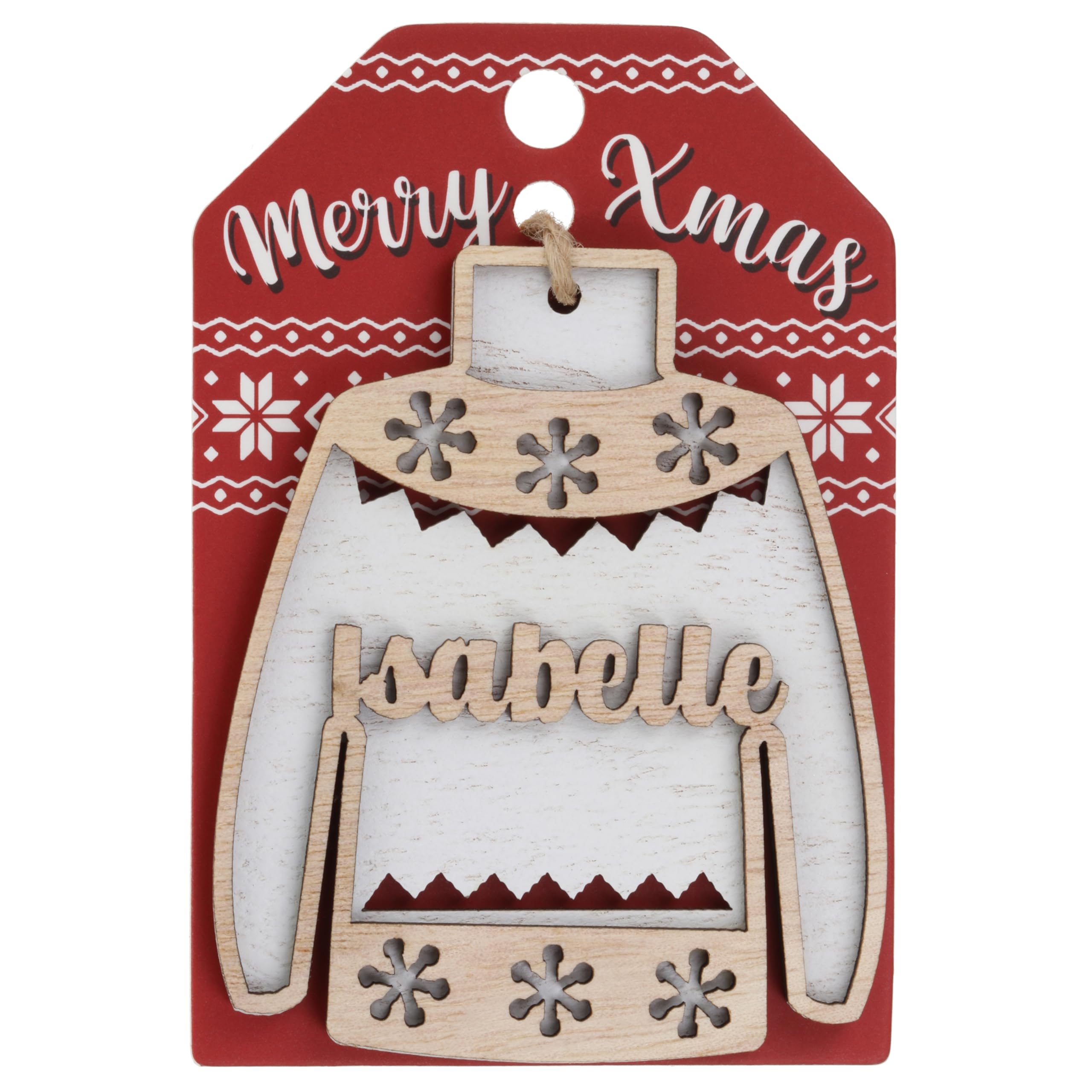 Isabelle Name Christmas Jumper Wooden Tree Decoration Personalised Bauble Xmas White